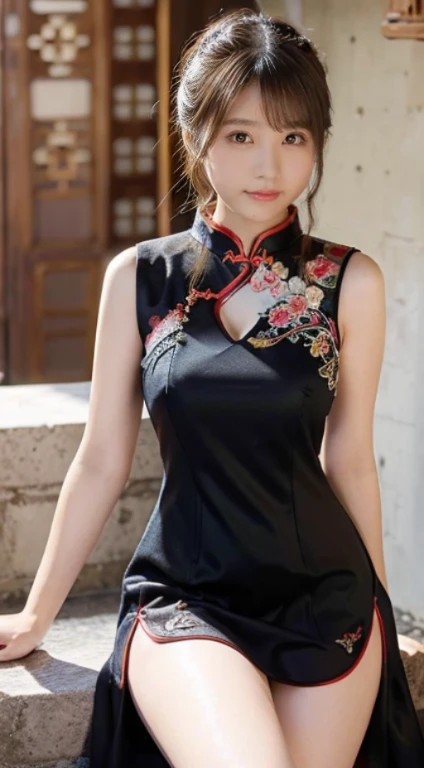 8K、Ultra-precise rendering、Photo Quality、 Top quality in many colors,photos realistic,Detailed eyes、intricate-detail,RAW photogr、((13yo girl、natural make up、sparkly eyes))、kawaii faces、A smile、Very white skin、round large chest、Beautiful valley,thin-waist、big butts、Gorgeous cheongsam,extra long hair,((poneyTail))cropped shoulders、delicated face,Expose cleavage,ornamented,Inside the palace,((Super mini cheongsam dress with deep cuts on the side、Elaborate and detailed embroidery all over the body,rhinestone))Pose with buttocks sticking out、thigh visible:1.2、(((Angle up to the knee)))Shot from behind