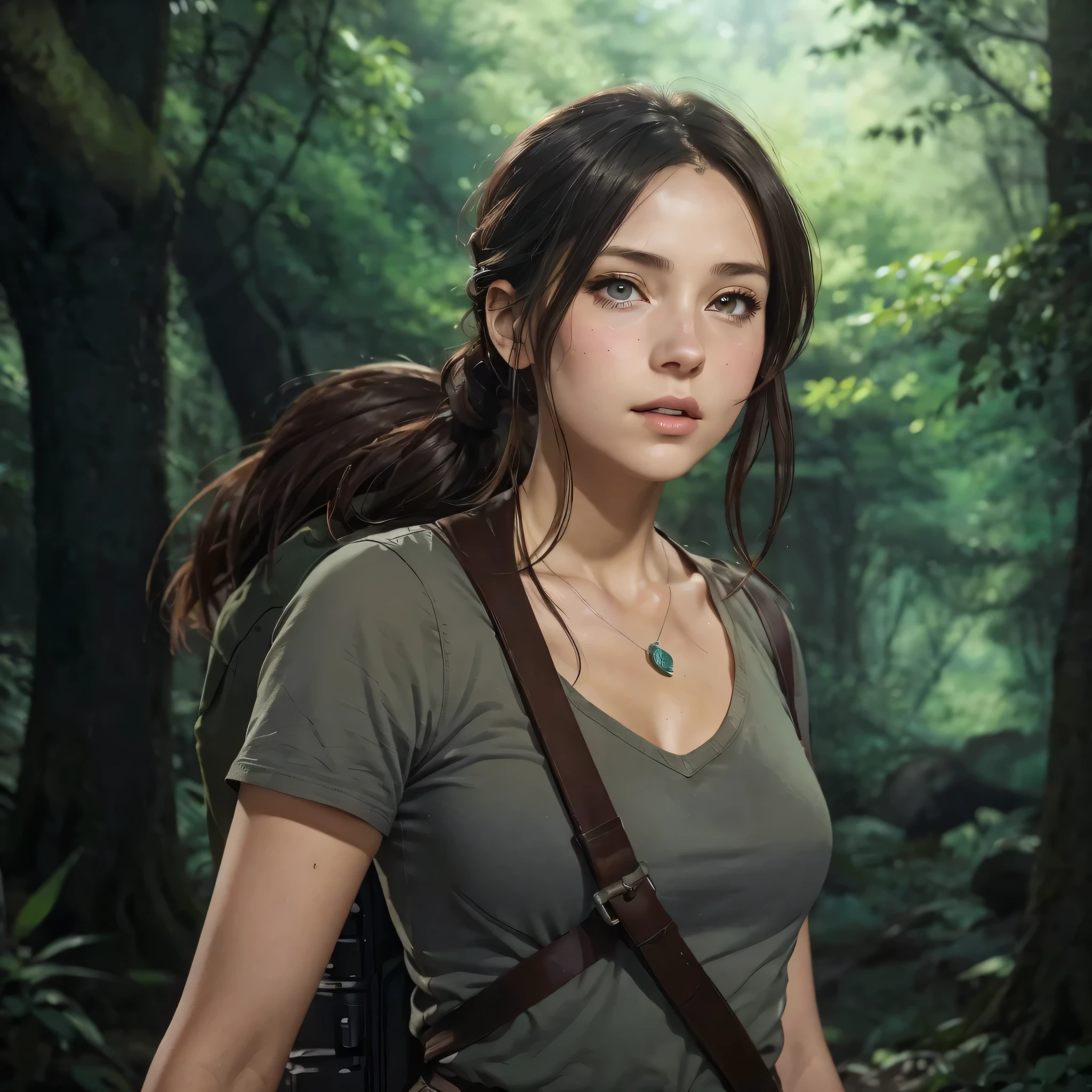 un gros plan d'une femme avec un sac à dos dans une forêt, dans le film d’animation, Film d’animation de haute qualité, personnage féminin d’anime, Anime officiel toujours, protagoniste féminin 👀 :8, Art officiel, Capture d’écran du film d’animation, Art officiel des personnages, Visuel d’anime d’une jeune femme, Anime officiel du studio toujours, L’anime vedette d’aujourd’hui, Portrait de Lara Croft