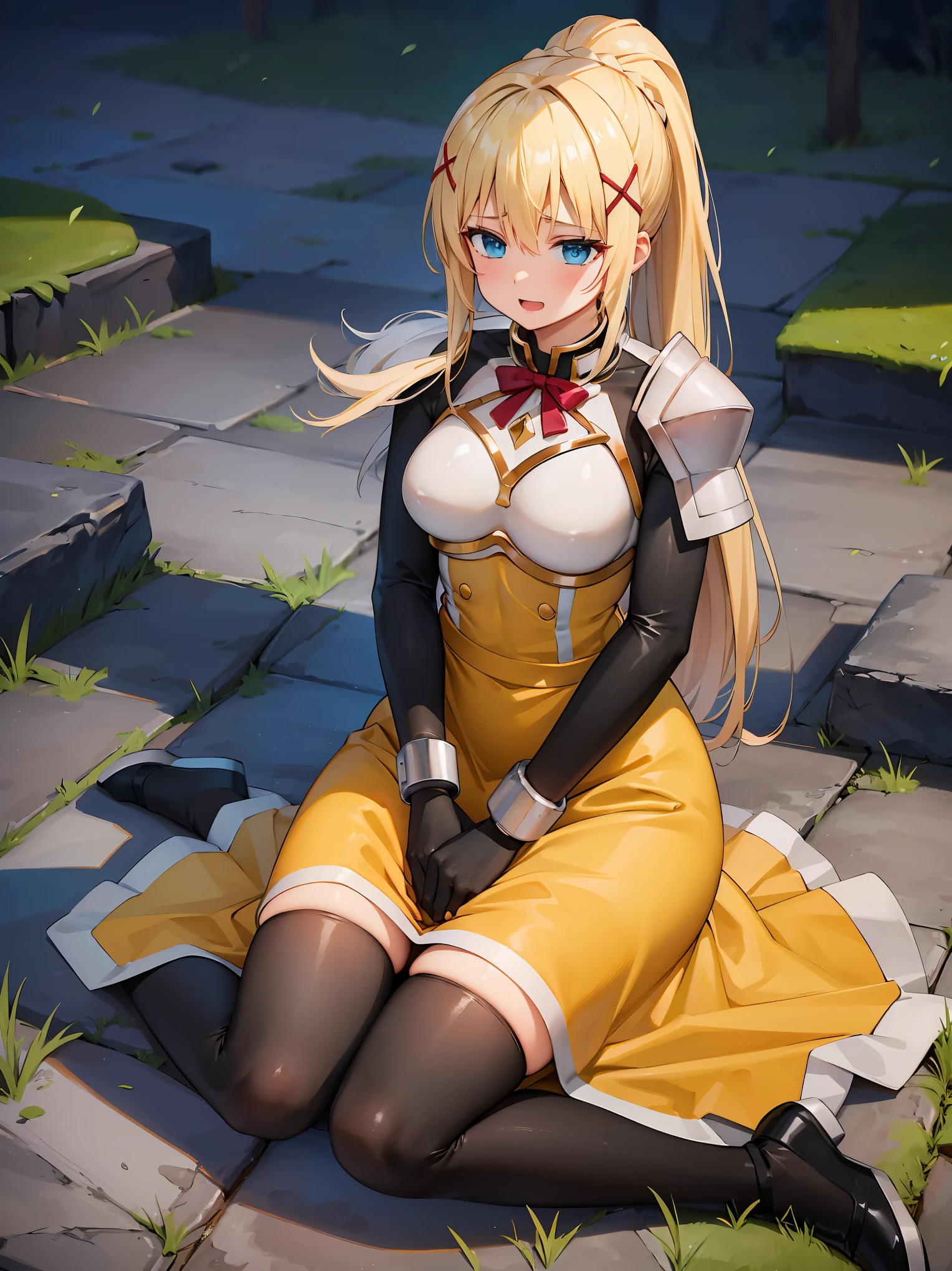 (in 8K, Raw photography, Best Quality, masutepiece: 1.2), high-definition RAW color photography, Professional Photography, Cinematic Light, (animesque:1.2), (1womanl), a blond, ((ksdarkness, ponytail, x hair ornament, armor, shoulder armor, bodysuit, black gloves, Yellow dress, Black long skirt)), (Detailed facial expressions), slenderbody, ((Delighted:1.1)), (((Both hands are restrained, Being laid down:1.5, hands up:1.5, Hand shackles)))，((low angles)), ((stone wall background, Wet body)), in isekai, Highly detailed, Photography, masutepiece, High quality, High quality, hight resolution, Professional Lighting,