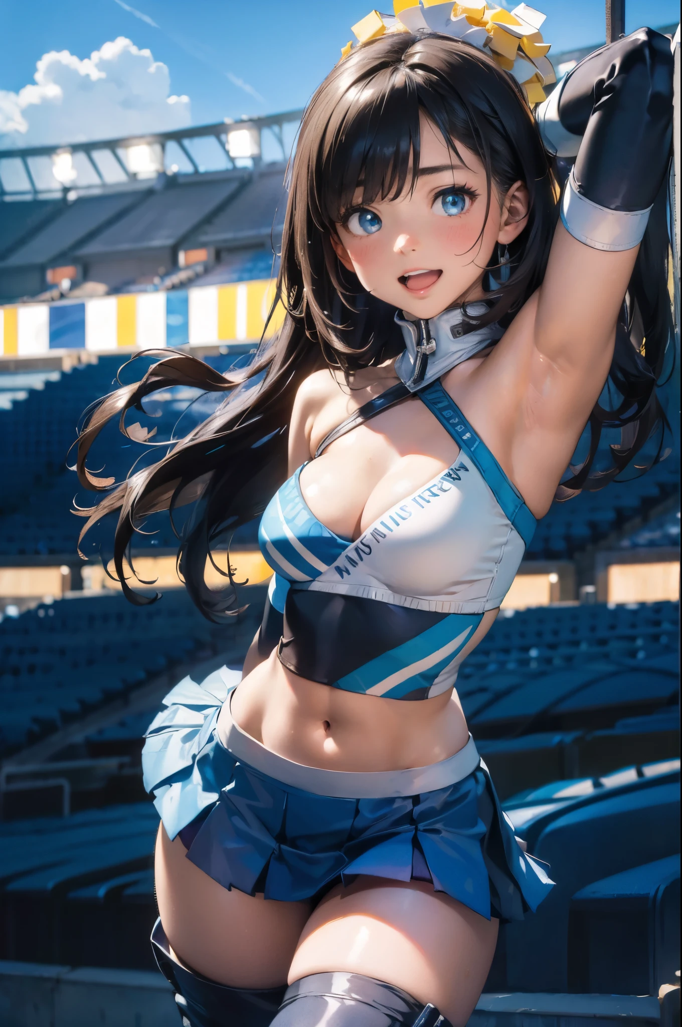 ((Best Quality, 8k, photo realistic:1.4, Masterpiece)), back Lighting, highly detailed facial textures women, 18yo, (((blue sleeveles Cheerleader:1.2))), ((Stadium Background: 1.2)), japanese, asian, full body, 25yo, extremely cute, arm up, armpits, ultra-detailed skin, beautiful make up, beautiful eyes, detailed eyes, smile, open mouth, cute round face, detached sleeve, ((thigh high boots))