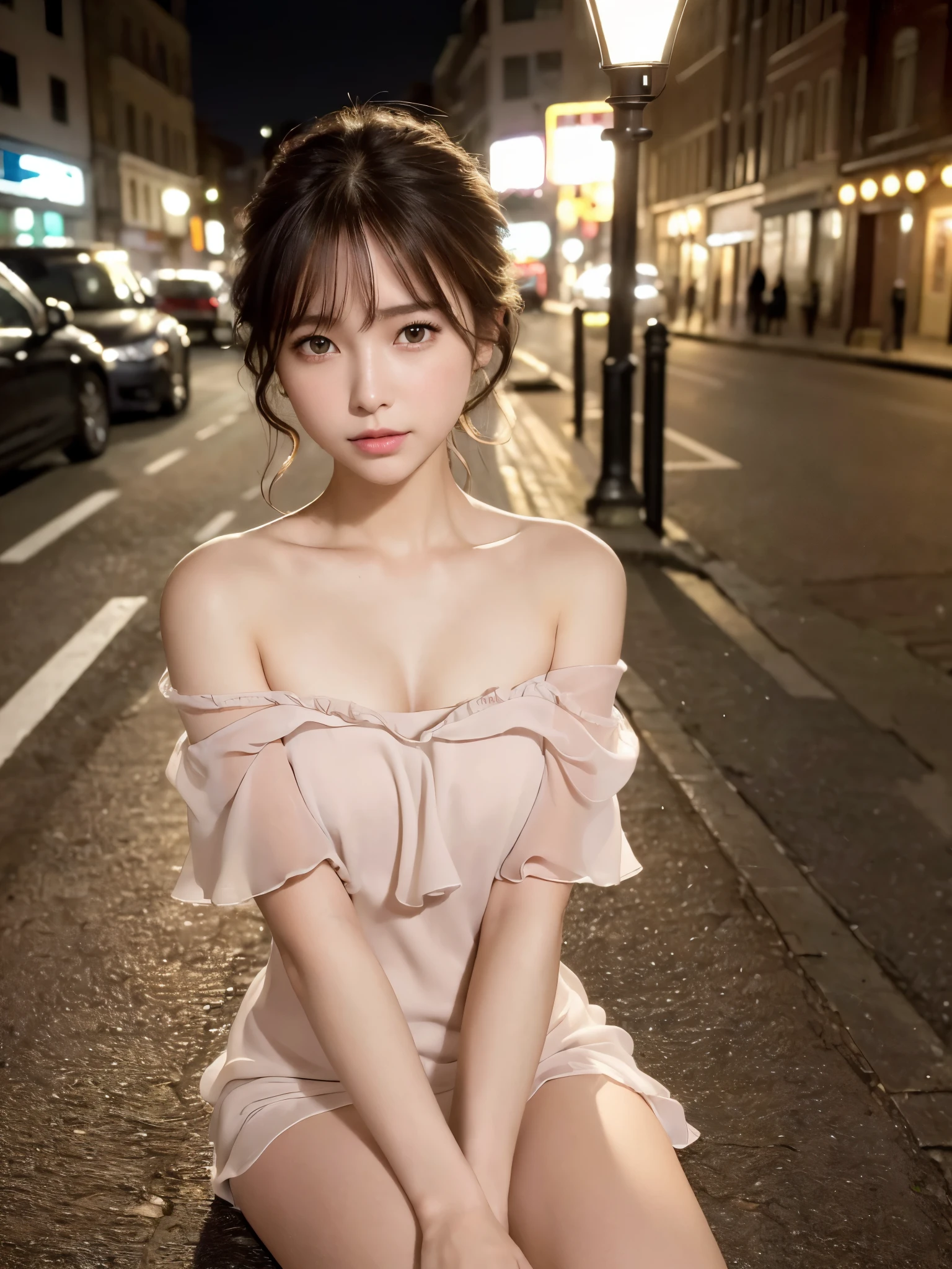 ((top quality, 8k, masterpiece: 1.3, raw photo)), Sharp Focus: 1.2, (1 aespa girl: 1.2), (Realistic, Photorealistic: 1.37), (face focus: 1.1), cute face, small breasts, flat chest, short messy hair, nude, (Off-the-shoulder chiffon dress: 1.2), Beautiful Woman sitting Under Street Lamp Light, cinematic lighting, (thigh: 1.2)
