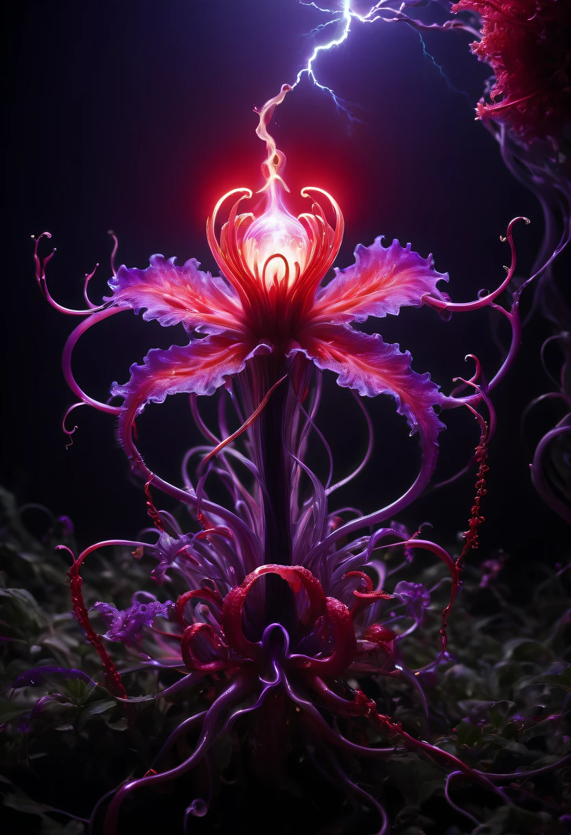 Magical plant from the abyss, the ghost flower, ghost flower,Blood-red tentacles stare at the dead,carismatic,Incredible,terror,Wrapped purple magic lightning, epic magic power, The corolla shines brightly, Electric Power Branch, epic thunderstorm, terror冲击, Surreal, Crazy, Whimsical, Octagonal rendering, iintricate,
