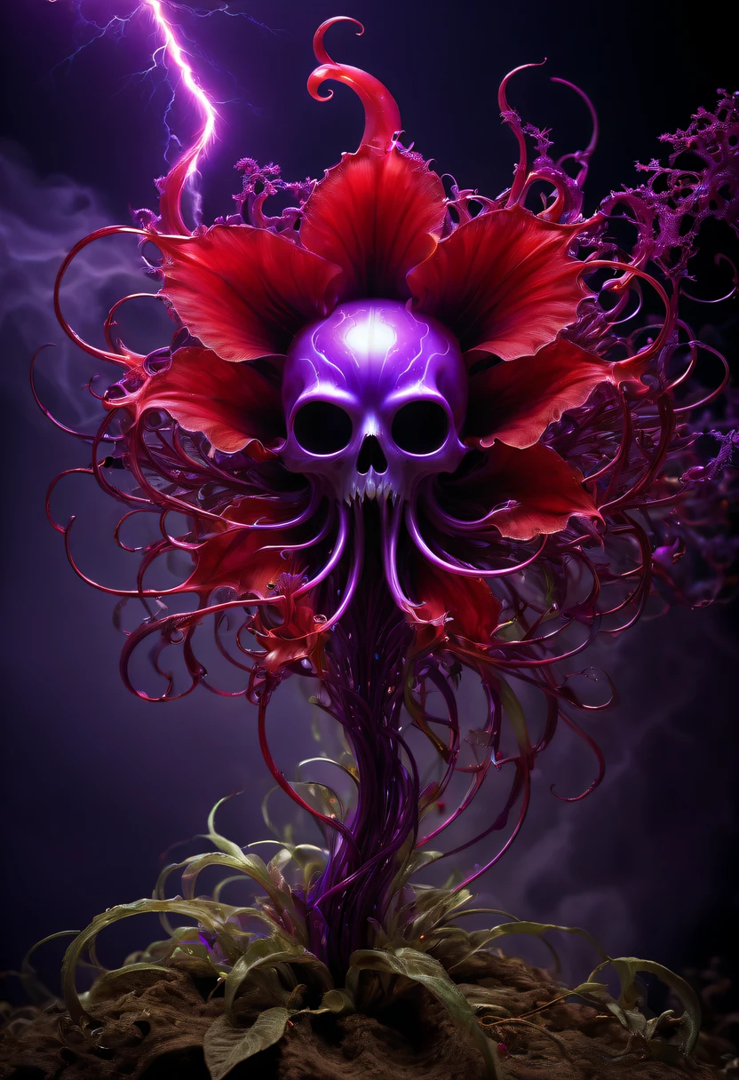 Magical plant from the abyss, the ghost flower, ghost flower,Blood-red tentacles stare at the dead，carismatic，Incredible，terror，Wrapped purple magic lightning, epic magic power, The corolla shines brightly, Electric Power Branch, epic thunderstorm, terror冲击, Surreal, Crazy, Whimsical, Octagonal rendering, iintricate,