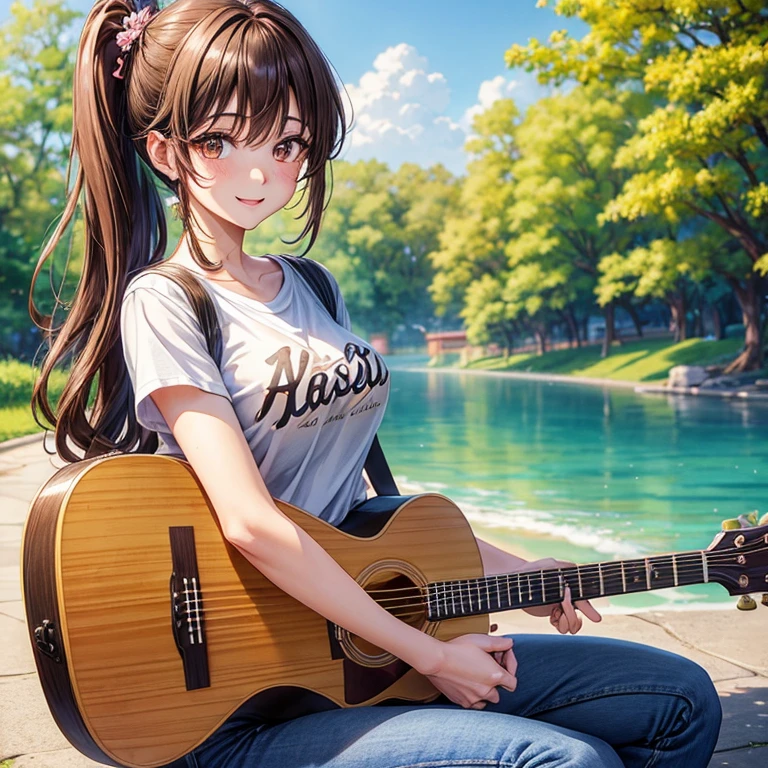 animesque、a beauty girl、poneyTail、morning、a park、chant、guitar、tshirts、jeans、Brown hair、Brown eyes、A smile、Beautiful breasts