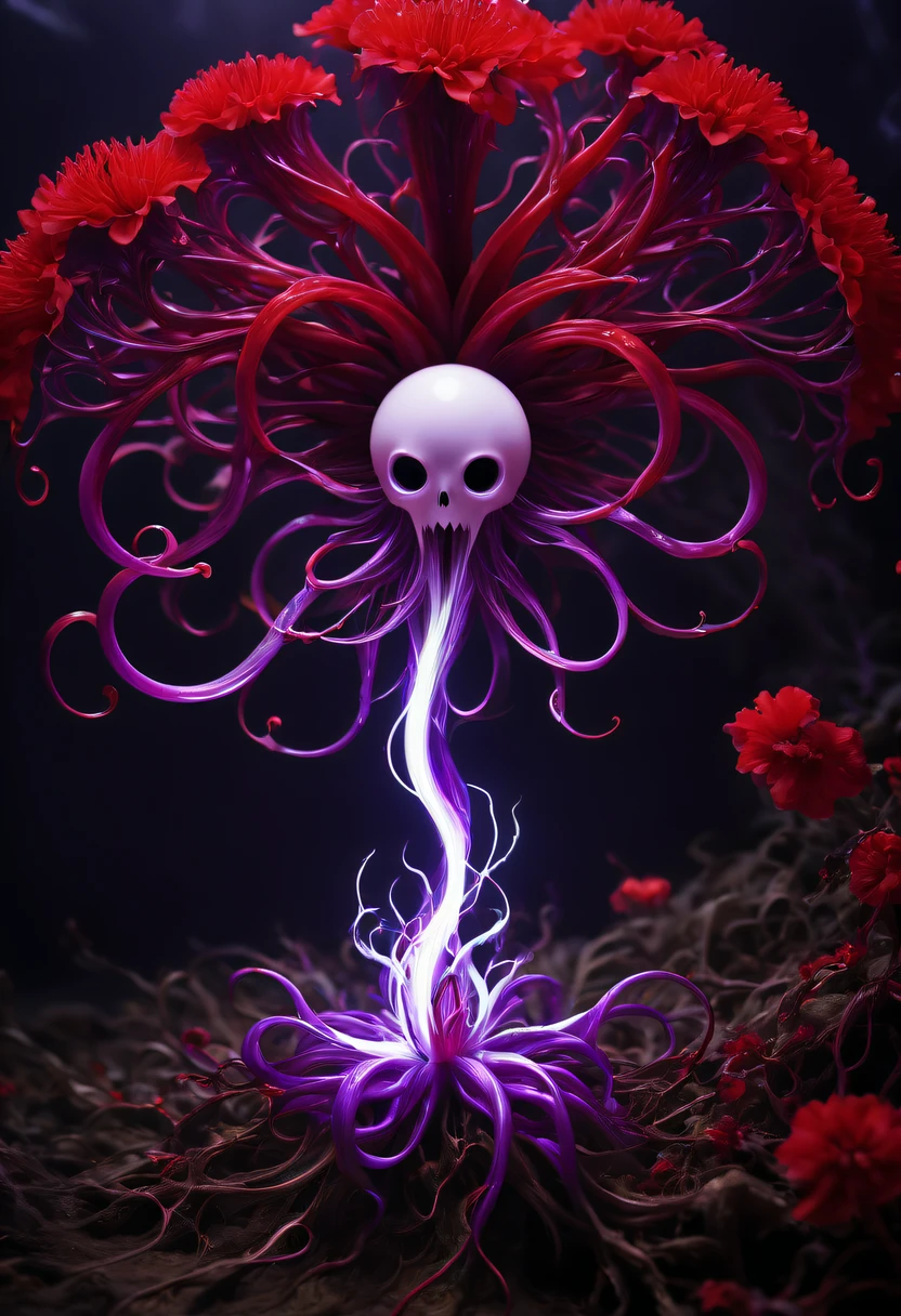 Magical plant from the abyss, the ghost flower, ghost flower,Blood-red tentacles stare at the dead,carismatic,Incredible,terror,Wrapped purple magic lightning, epic magic power, The corolla shines brightly, Electric Power Branch, epic thunderstorm, terror冲击, Surreal, Crazy, Whimsical, Octagonal rendering, iintricate,