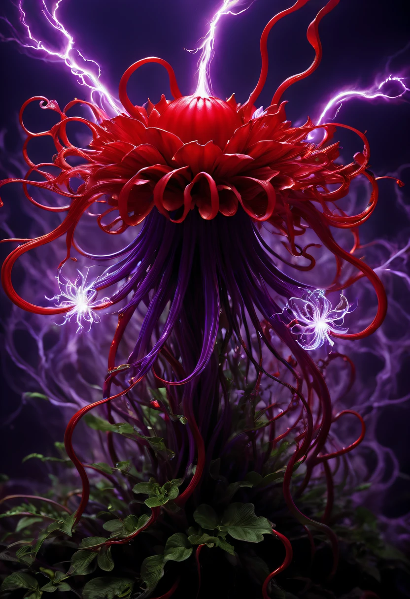 Magical plant from the abyss, the ghost flower, ghost flower,Blood-red tentacles stare at the dead，carismatic，Incredible，terror，Wrapped purple magic lightning, epic magic power, The corolla shines brightly, Electric Power Branch, epic thunderstorm, terror冲击, Surreal, Crazy, Whimsical, Octagonal rendering, iintricate,