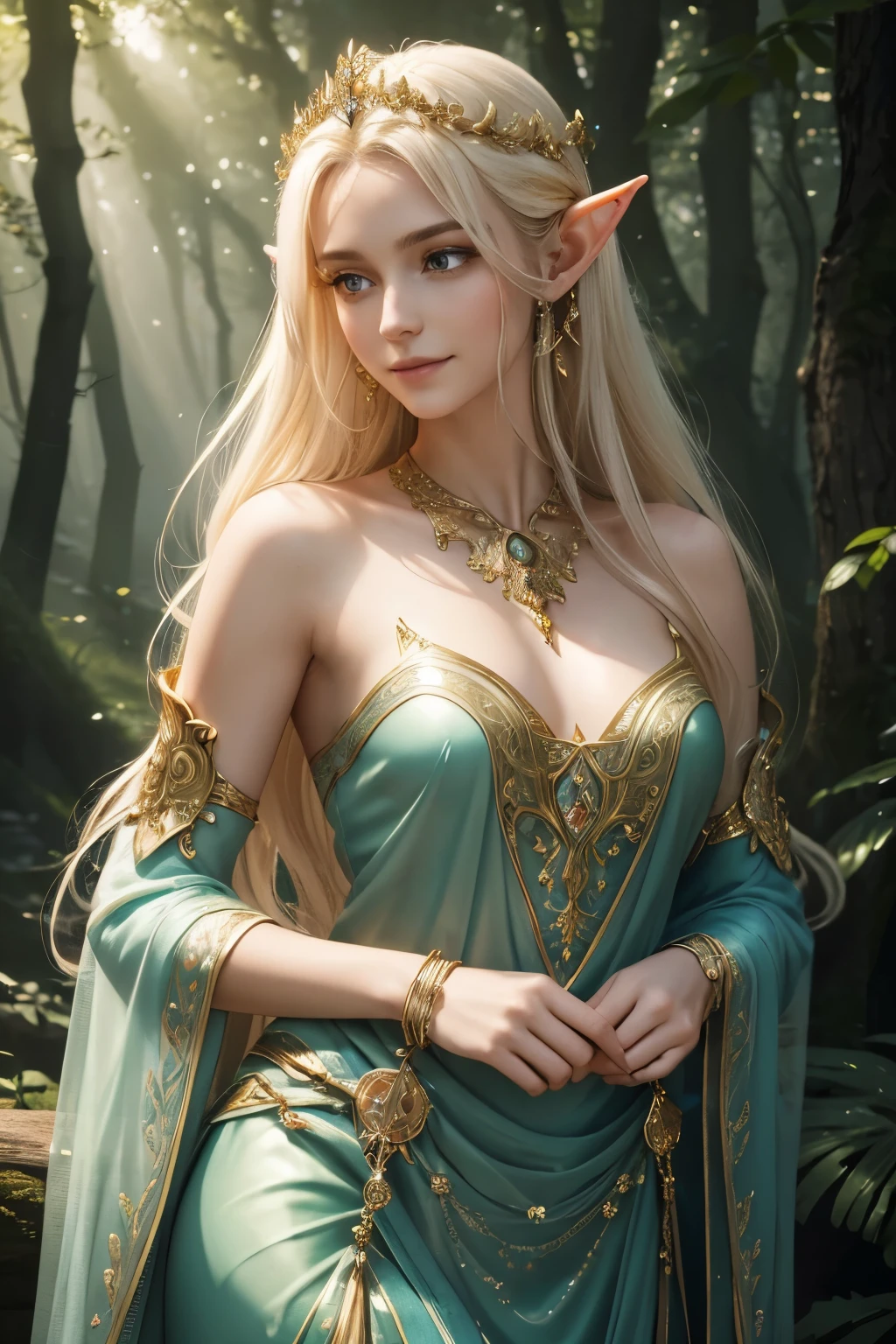 (best quality,4k,8k,highres,masterpiece:1.2),ultra-detailed,realistic,fantasy:1.1,(beautiful,ethereal,graceful) elf,(long,pointed) ears,(bright,shimmering) eyes,(delicate,slender) fingers,(elaborate,ornate) headpiece,(magical,enchanting) forest,(sunlight,dappled) through trees,(flowing,translucent) robes,sparkling,golden(whisps,hair),(gentle,mysterious) smile,vibrant colors,subtle lighting