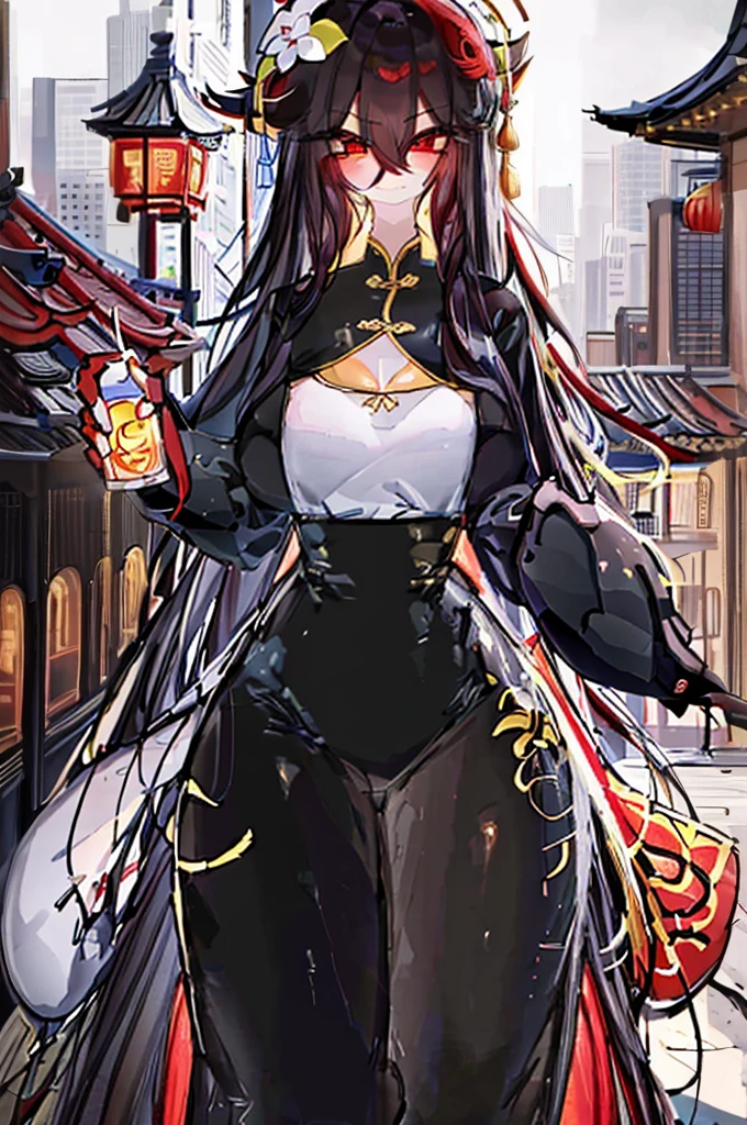 masutepiece, Best Quality, 1girl in, Solo, Long hair, Looking at Viewer, Smile, Bangs, Hair Ornament, Red Eyes, Long sleeves, Dress, Standing, 鎖骨, White hair, Grey Hair, alternate costume, Wide sleeves, tree, chinese clothes, Hairpin, Hanfu, Ning Guang (GenshinImpact), Ning Guang,