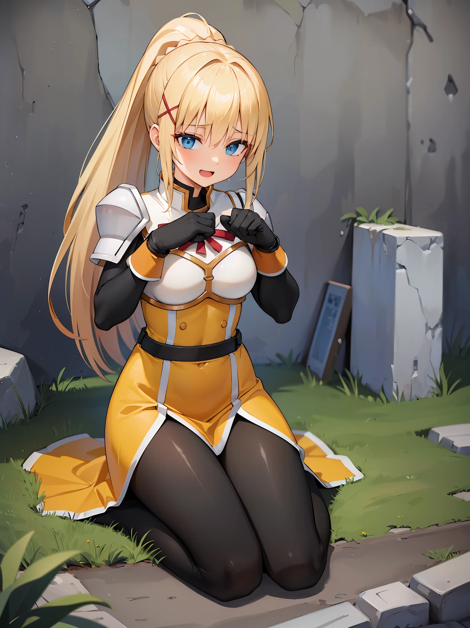 (in 8K, Raw photography, Best Quality, masutepiece: 1.2), high-definition RAW color photography, Professional Photography, Cinematic Light, (animesque:1.2), (1womanl), a blond, ((ksdarkness, ponytail, x hair ornament, armor, shoulder armor, bodysuit, black gloves, Yellow dress, Black long skirt)), (Detailed facial expressions), slenderbody, ((Delighted:1.1)), (((Both hands are restrained, Being laid down:1.5, hands up:1.5 , ropes)))，((low angles)), ((stone wall background, Wet body)), in isekai, Highly detailed, Photography, masutepiece, High quality, High quality, hight resolution, Professional Lighting,