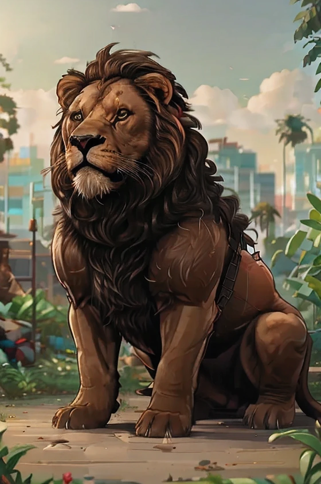 create a garden with biggest lion roaming around, blendr Illustration 8K