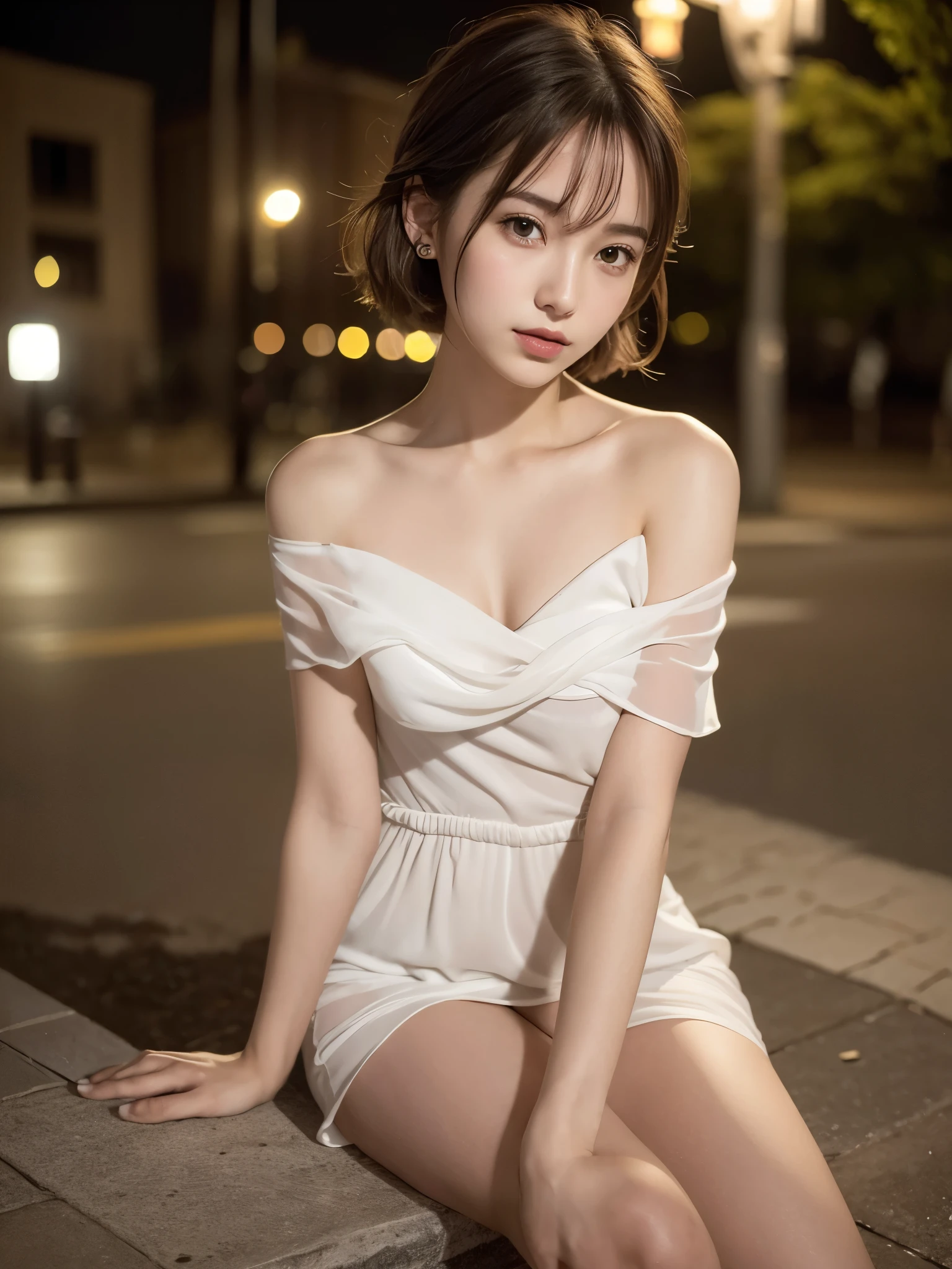((top quality, 8k, masterpiece: 1.3, raw photo)), Sharp Focus: 1.2, (1 aespa girl: 1.2), (Realistic, Photorealistic: 1.37), (face focus: 1.1), cute face, small breasts, flat chest, short messy hair, nude, (Off-the-shoulder chiffon dress: 1.2), Beautiful Woman sitting Under Street Lamp Light, cinematic lighting, (thigh: 1.2), arms up