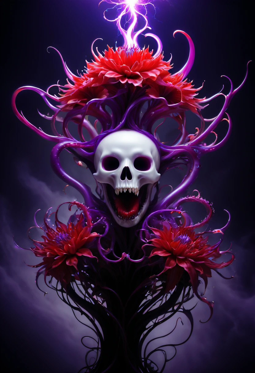 Magical plant from the abyss, the ghost flower, ghost flower,Blood-red tentacles stare at the dead,carismatic,Incredible,terror,Wrapped purple magic lightning, epic magic power, The corolla shines brightly, Electric Power Branch, epic thunderstorm, terror冲击, Surreal, Crazy, Whimsical, Octagonal rendering, iintricate,