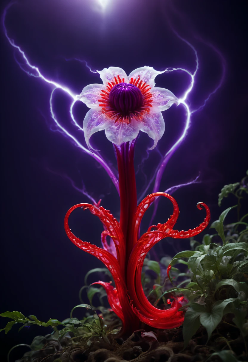 Magical plant from the abyss, the ghost flower, ghost flower,Blood-red tentacles stare at the dead,carismatic,Incredible,terror,Wrapped purple magic lightning, epic magic power, The corolla shines brightly, Electric Power Branch, epic thunderstorm, terror冲击, Surreal, Crazy, Whimsical, Octagonal rendering, iintricate,