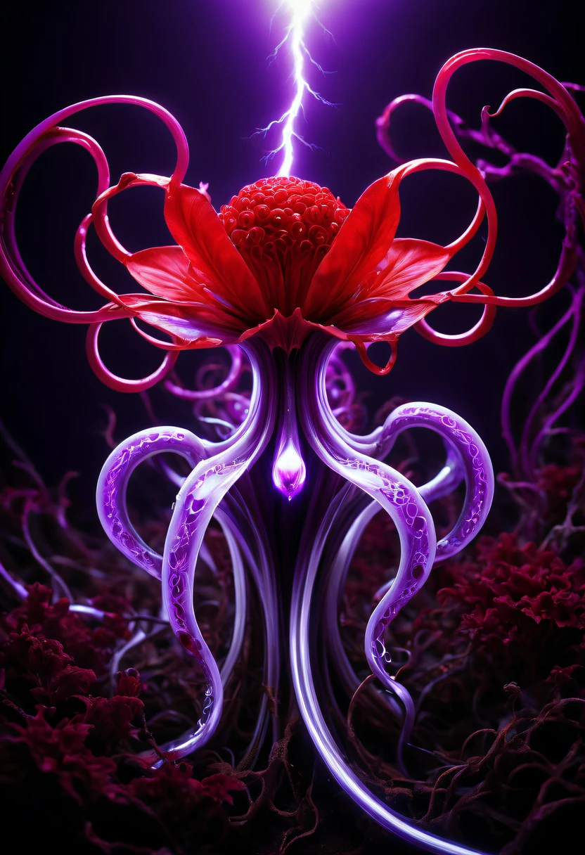 Magical plant from the abyss, the ghost flower, ghost flower,Blood-red tentacles stare at the dead,carismatic,Incredible,terror,Wrapped purple magic lightning, epic magic power, The corolla shines brightly, Electric Power Branch, epic thunderstorm, terror冲击, Surreal, Crazy, Whimsical, Octagonal rendering, iintricate,