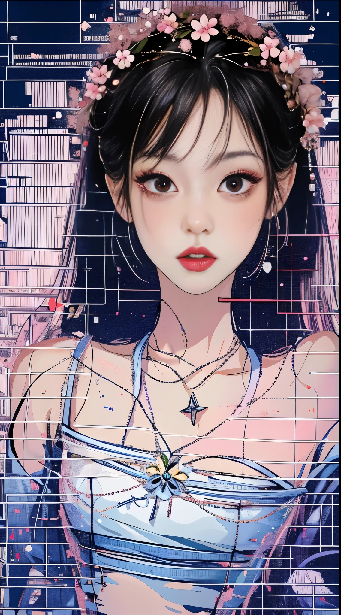 (magazine cover:1.3),Ulzzang-6500, (realistic: 1.3) (manuscript: 1.2), Masterpiece, best quality, Beautiful, clean face, full body, 1 girl, glitch art, (digital distortion), Pixel fragments, Corrupted data,Colorful sounds, visual chaos,Contemporary aesthetics