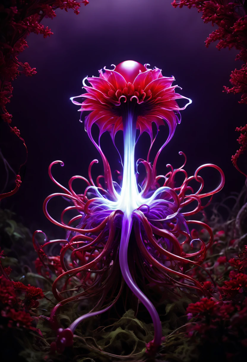Magical plant from the abyss, the ghost flower, ghost flower,Blood-red tentacles stare at the dead,carismatic,Incredible,terror,Wrapped purple magic lightning, epic magic power, The corolla shines brightly, Electric Power Branch, epic thunderstorm, terror冲击, Surreal, Crazy, Whimsical, Octagonal rendering, iintricate,