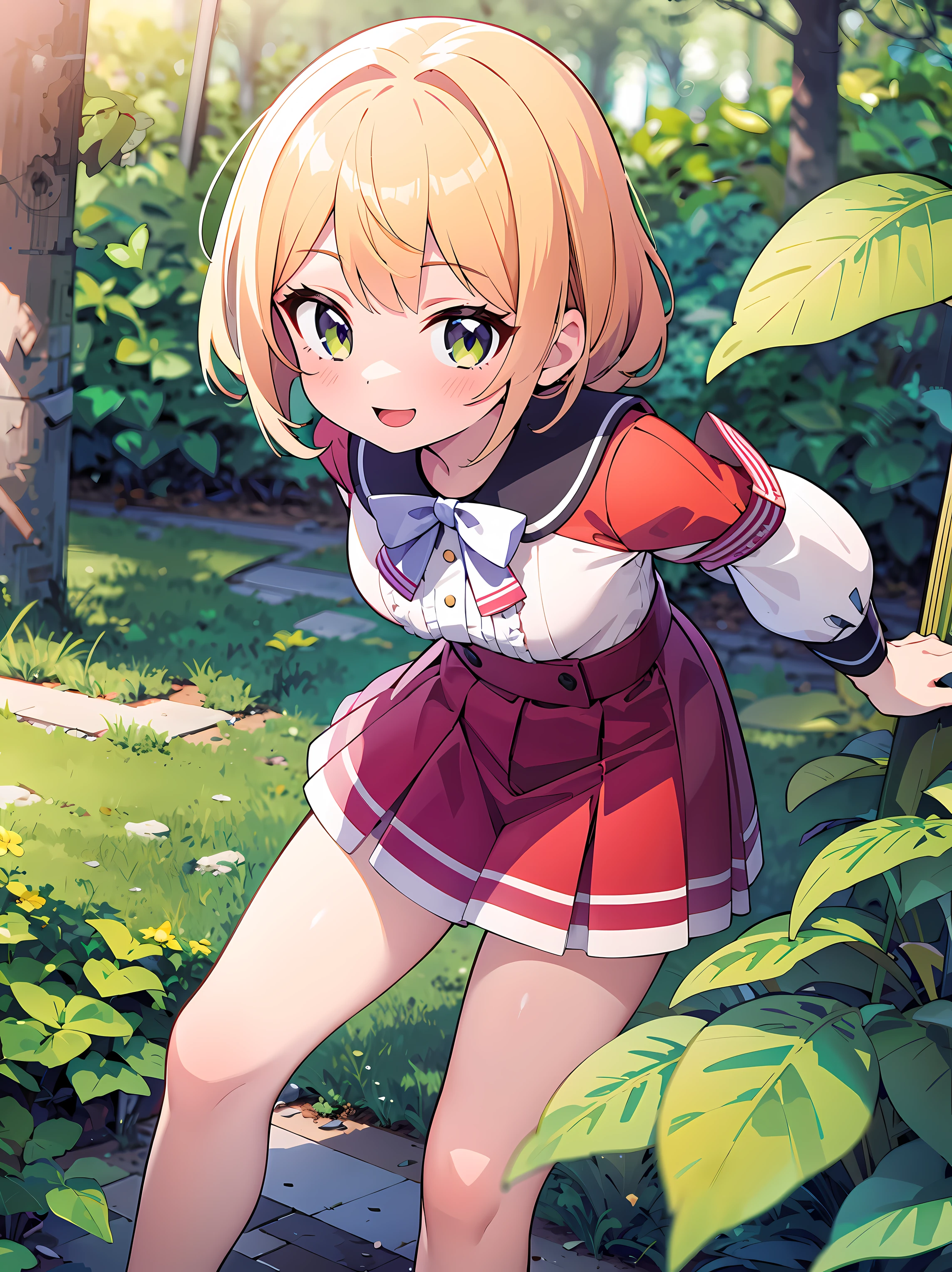 (tmasterpiece:1.2), Best quality at best, A high resolution, Original, (The is very detailed:1.2), ultra - detailed, the wallpaper, perfect litthing,(The is very detailed CG:1.2), 8K, anime illustration, 1个Giant Breast Girl, Alone, Smiling, curlies, (White bow sleeve shirt, bows on sleeves:1.lace-up knee-length skirt:1.2), standing in the park, There are flowers and trees around, Sunlight shines through the gaps in the leaves, and the sun was shining brightly, closeup cleavage, Frontal lobe, looking at viewert, Unified 4K