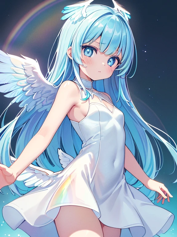 ((​masterpiece、top-quality:1.5、a high chroma:1.5、ultra-detailliert、high-resolution illustrations:1.5、Ultra-high-definition CG、8k size wallpaper、offcial art))、,(highly colorful:1.5),(front view:1.5),(1天使のgirl),(Cute little girl:1.5)、(Shining 虹 eyes:1.5),(Beautiful face:1.5,Beautiful eyes:1.5)、(close to viewer:1.5),(Shining 虹 eyes:1.5)、(Shining 虹 eyes:1.5)
(clearface:1.3)、(sexy body),(ultra-thin dress:1.5), (Beautiful ultra-thin dress every detail),(a halo shines),(medium breasts:1.5),、(cowboy shot:1.5)、(glowing Feathers:1.5),(glowing angel wings:1.5), colourfull、