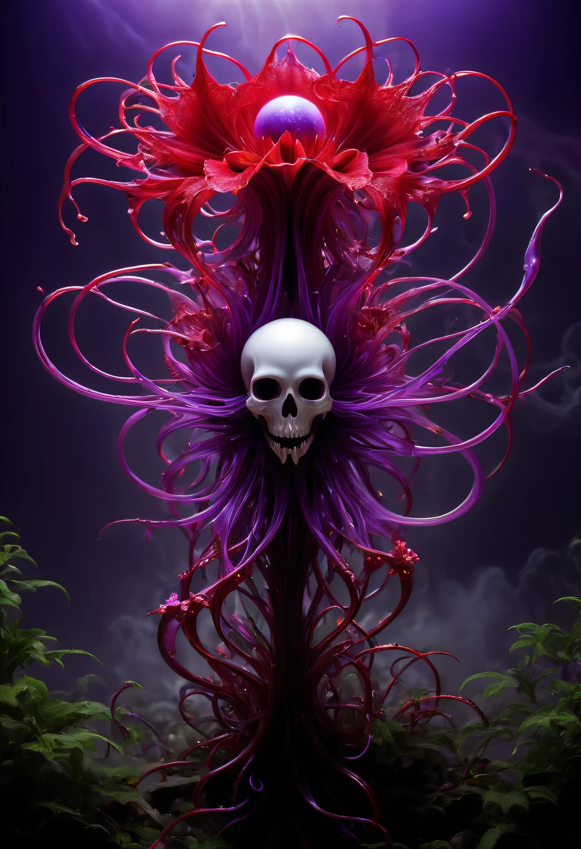 Magical plant from the abyss, the ghost flower, ghost flower,Blood-red tentacles stare at the dead，carismatic，Incredible，terror，Wrapped purple magic lightning, epic magic power, The corolla shines brightly, Electric Power Branch, epic thunderstorm, terror冲击, Surreal, Crazy, Whimsical, Octagonal rendering, iintricate,