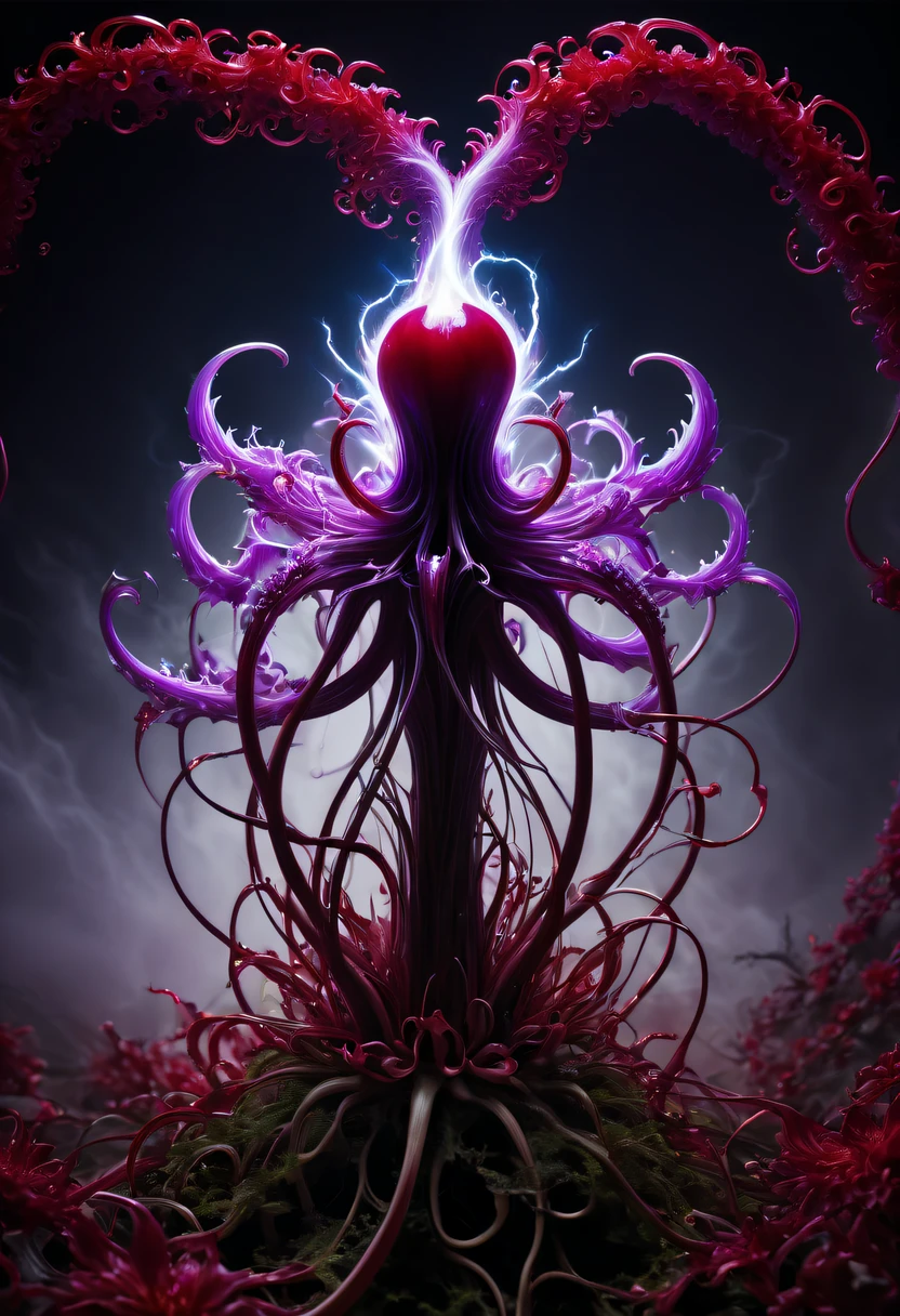 Magical plant from the abyss, the ghost flower, ghost flower,Blood-red tentacles stare at the dead,carismatic,Incredible,terror,Wrapped purple magic lightning, epic magic power, The corolla shines brightly, Electric Power Branch, epic thunderstorm, terror冲击, Surreal, Crazy, Whimsical, Octagonal rendering, iintricate,