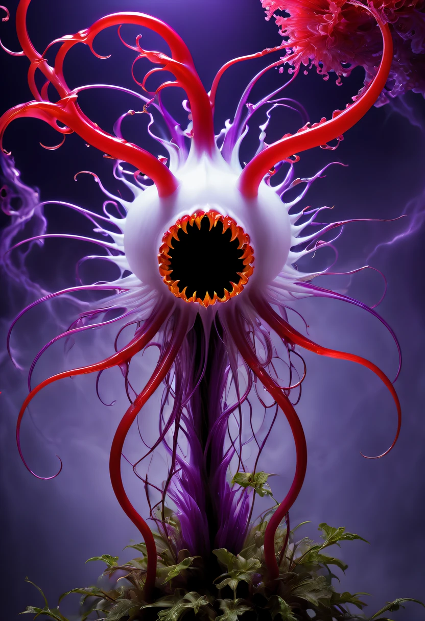 Magical plant from the abyss, the ghost flower, ghost flower,Blood-red tentacles stare at the dead,carismatic,Incredible,terror,Wrapped purple magic lightning, epic magic power, The corolla shines brightly, Electric Power Branch, epic thunderstorm, terror冲击, Surreal, Crazy, Whimsical, Octagonal rendering, iintricate,