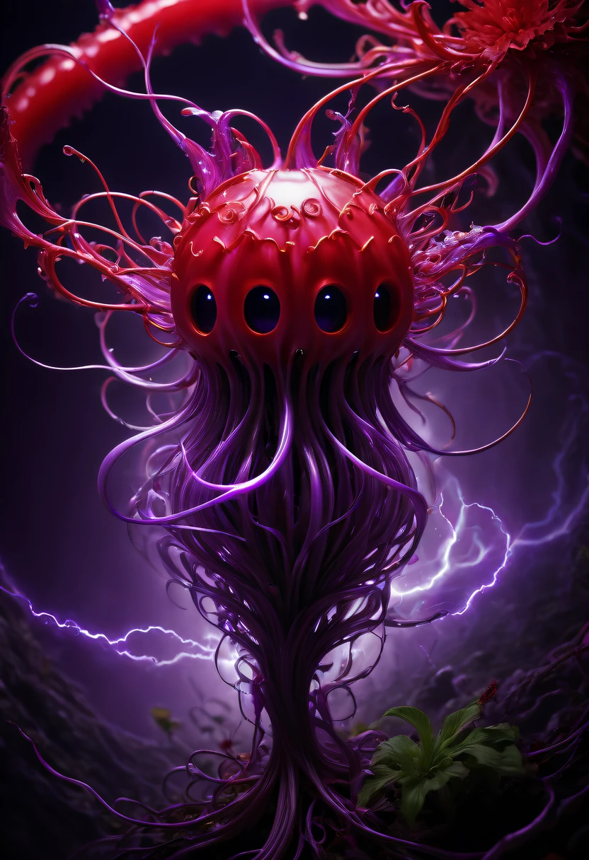 Magical plant from the abyss, the ghost flower, ghost flower,Blood-red tentacles stare at the dead,carismatic,Incredible,terror,Wrapped purple magic lightning, epic magic power, The corolla shines brightly, Electric Power Branch, epic thunderstorm, terror冲击, Surreal, Crazy, Whimsical, Octagonal rendering, iintricate,