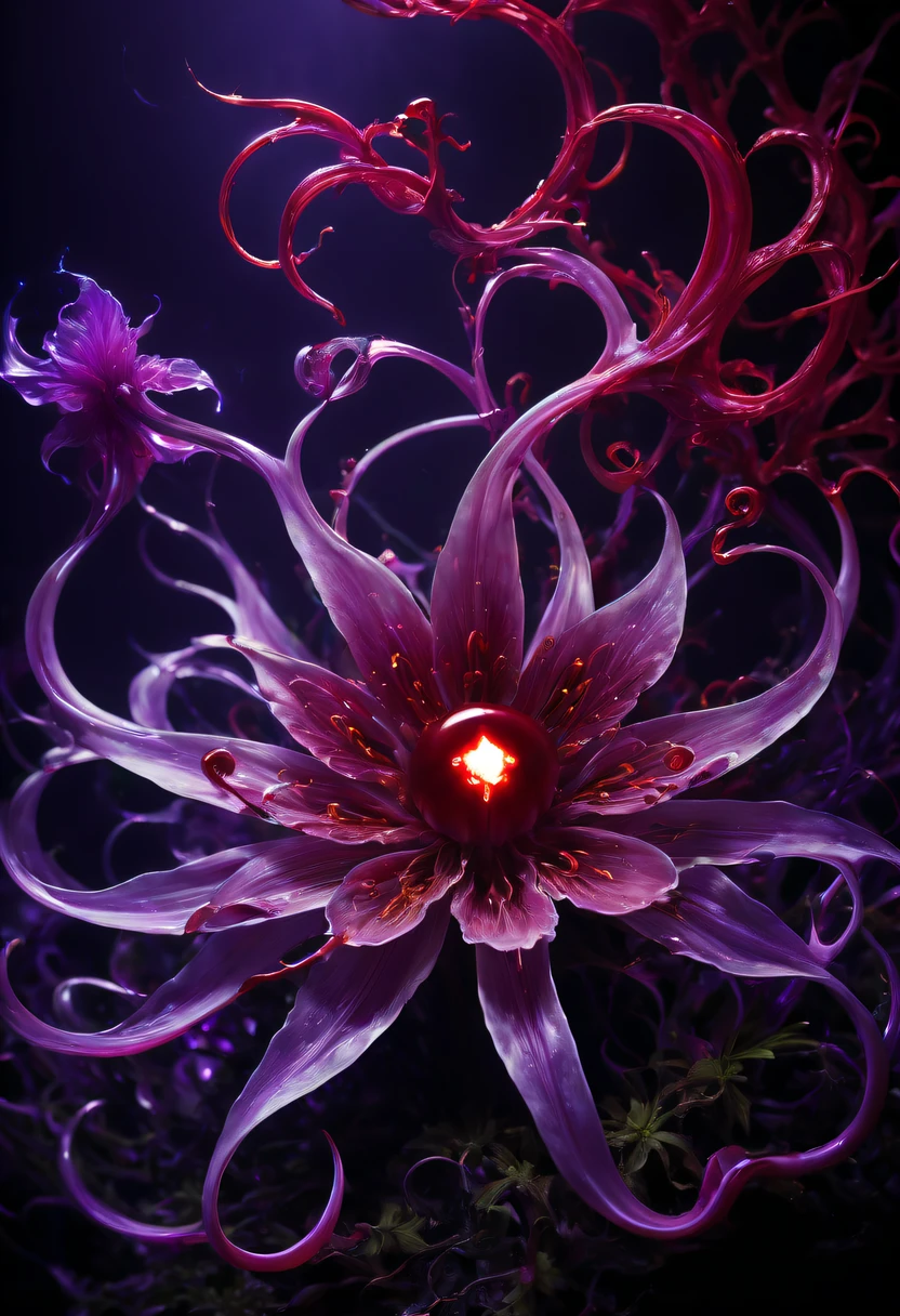 Magical plant from the abyss, the ghost flower, ghost flower,Blood-red tentacles stare at the dead，carismatic，Incredible，terror，Wrapped purple magic lightning, epic magic power, The corolla shines brightly, Electric Power Branch, epic thunderstorm, terror冲击, Surreal, Crazy, Whimsical, Octagonal rendering, iintricate,