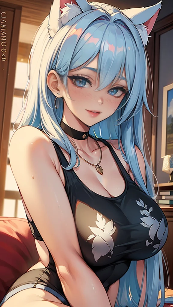 Masterpiece, beautiful art, professional artist, 8k, art style by sciamano240, very detailed face, detailed hair, detailed clothes, detailed fabric, 1girl, perfectly drawn body, beautiful face, long hair, light blue hair , very detailed blue cat eyes, romantic smile, wearing red tank top, necklace, chocker, rosey cheeks, relaxing at home, home setting, model headshot , zoom in face, show details in eyes, upclose view, looking at viewer,