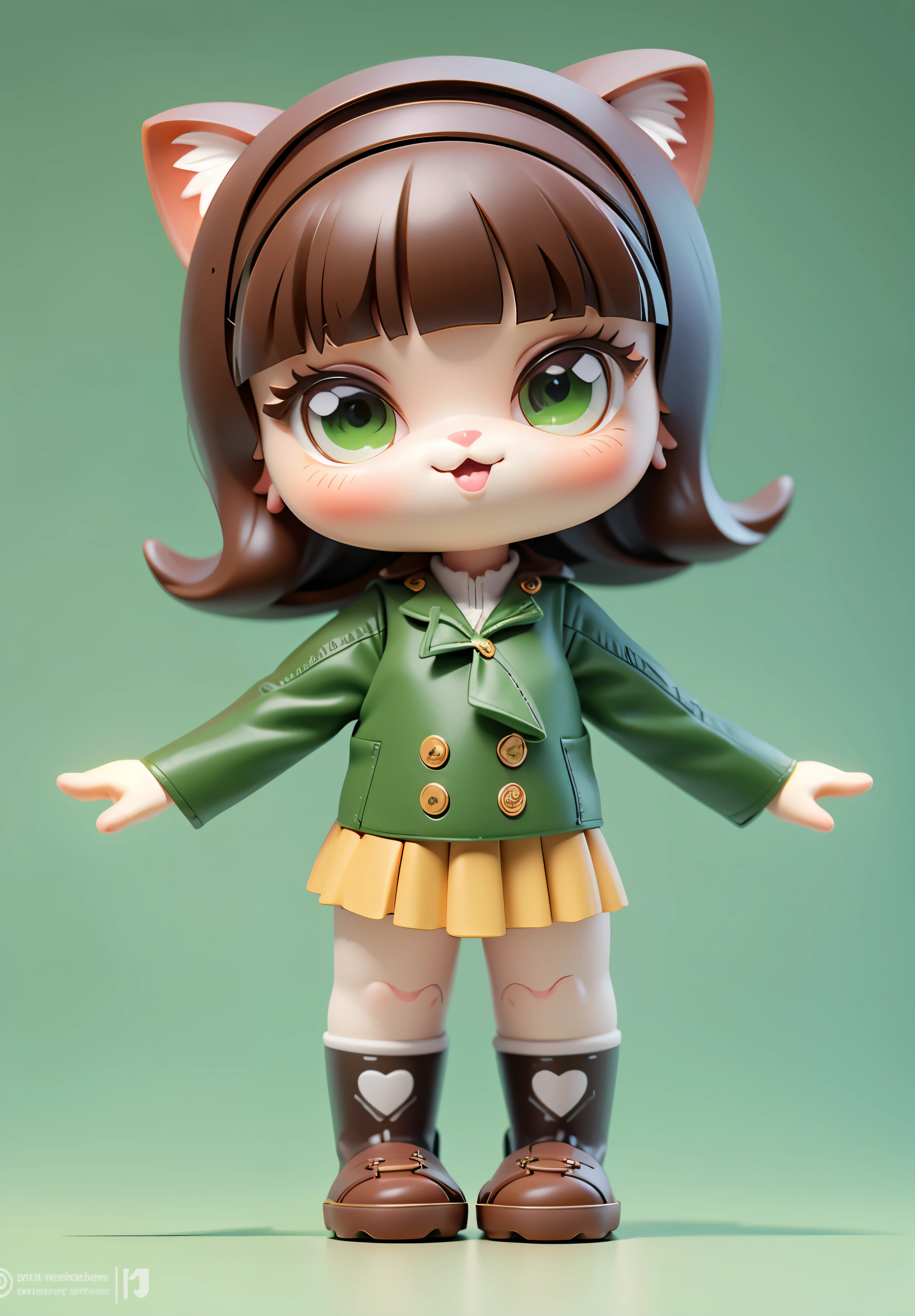 (1 girl, full bodyesbian)),((tmasterpiece:1,2, cat-like mouth, Brown hair, green-eyed)), Anime character of a girl with green-eyed and brown jacket, female furry mini cute big breasts style, cute big breasts, tchibi, cat woman, lighting extremely, tmasterpiece, Original best quality: 1.2), 8K, 3D hair styling, Very beautiful and digital, Blander, octaneratingrendering, popular toys, a blind box toy