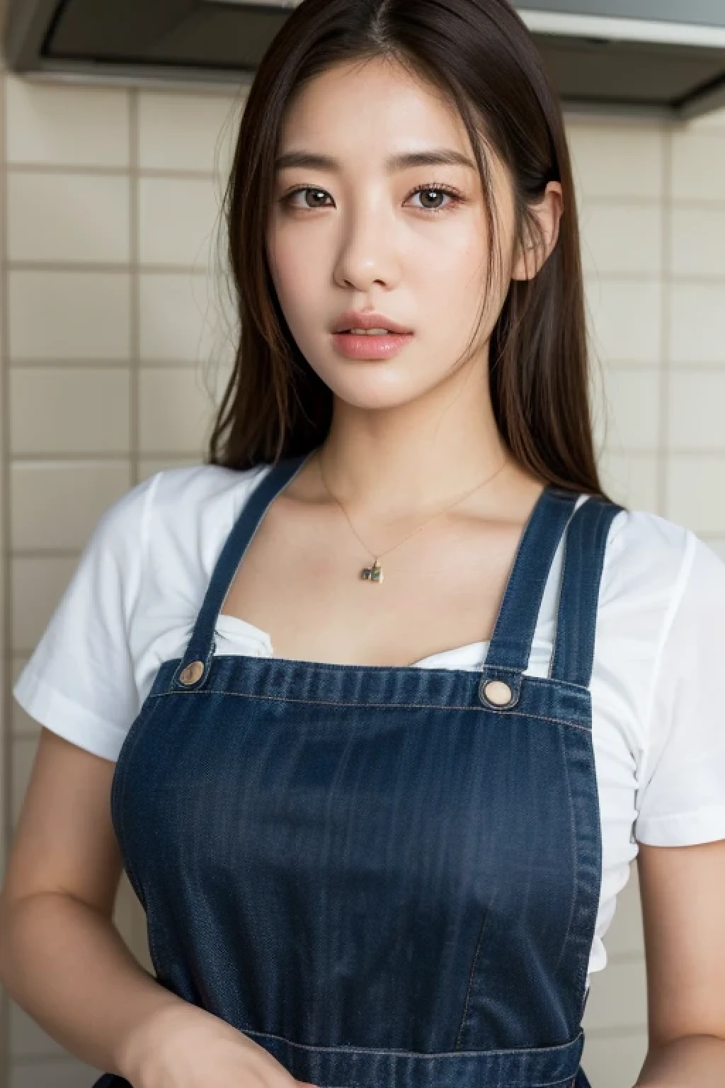 (Best quality, 8k, masterpiece: 1.3), a beautiful woman with perfect figure: 1.2, dark brown hair, wearing a pendant, wearing an apron, in the kitchen, highly detailed face and skin, detailed eyes, double eyelids, big breasts