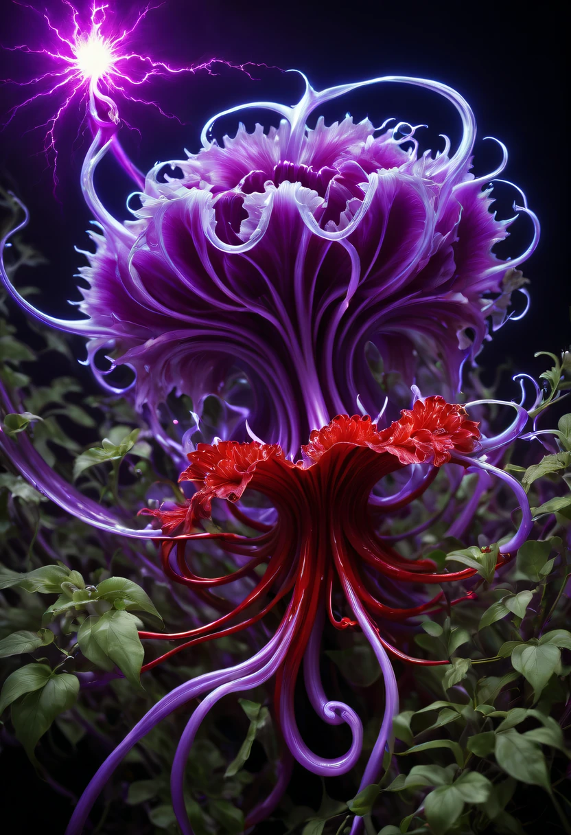 Magical plant from the abyss, the ghost flower, ghost flower,Blood-red tentacles stare at the dead,carismatic,Incredible,terror,Wrapped purple magic lightning, epic magic power, The corolla shines brightly, Electric Power Branch, epic thunderstorm, terror冲击, Surreal, Crazy, Whimsical, Octagonal rendering, iintricate,