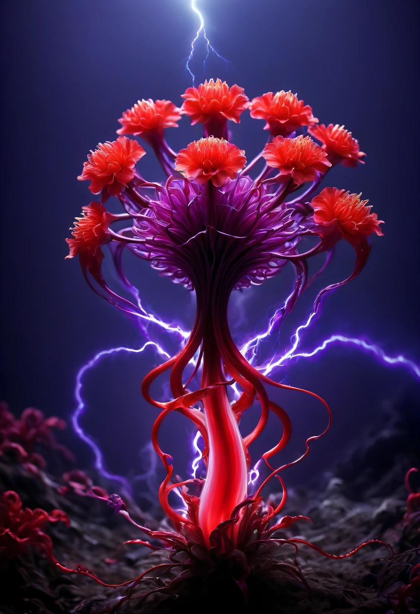 Magical plant from the abyss, the ghost flower, ghost flower,Blood-red tentacles stare at the dead,carismatic,Incredible,terror,Wrapped purple magic lightning, epic magic power, The corolla shines brightly, Electric Power Branch, epic thunderstorm, terror冲击, Surreal, Crazy, Whimsical, Octagonal rendering, iintricate,