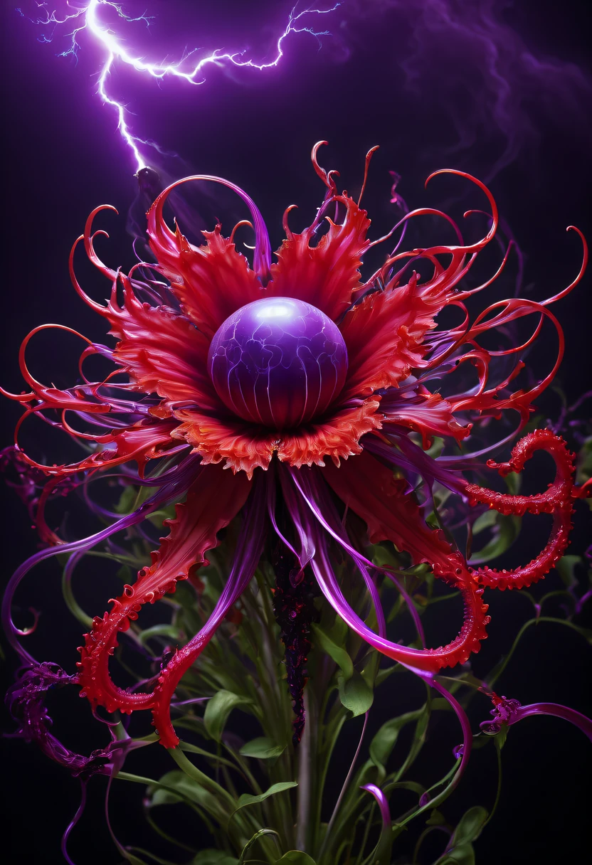 Magical plant from the abyss, the ghost flower, ghost flower,Blood-red tentacles stare at the dead,carismatic,Incredible,terror,Wrapped purple magic lightning, epic magic power, The corolla shines brightly, Electric Power Branch, epic thunderstorm, terror冲击, Surreal, Crazy, Whimsical, Octagonal rendering, iintricate,