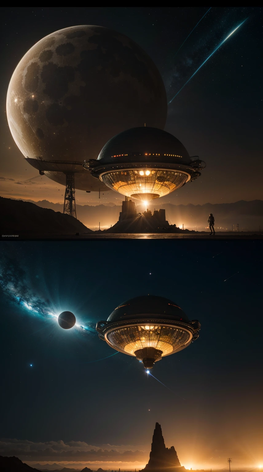 (best quality,4k,8k,highres,masterpiece:1.2),ultra-detailed,(realistic,photorealistic,photo-realistic:1.37),futuristic world on an alien planet,space,sci-fi,life on an alien planet,alien architecture,advanced technology,extraterrestrial landscape,hovering vehicles,galaxy in the background,alien plants and trees,fluorescent colors,interstellar travel,new forms of life,cosmic energy,two moons illuminating the scene,astronaut exploration/walk,surreal atmosphere,alien wildlife and creatures,crystal-like structures,transparent domes emitting soft light,hovering city in the distance,anomalous celestial phenomena,neon lights,intergalactic communication,energy beams of unknown origin,starships docking,apocalyptic sunrise/sunset on the horizon,suspended platforms,alien ruins,intense gravitational forces,alternate reality,portals to other worlds,abandoned space station,intricate patterns on surfaces,kinetic sculptures,zero gravity experience,extraterrestrial civilizations,alien artifacts,cosmic secrets hidden in the landscape,luminous mist,alien symbols and hieroglyphs,spiral-shaped teleportation devices,alien languages and dialects