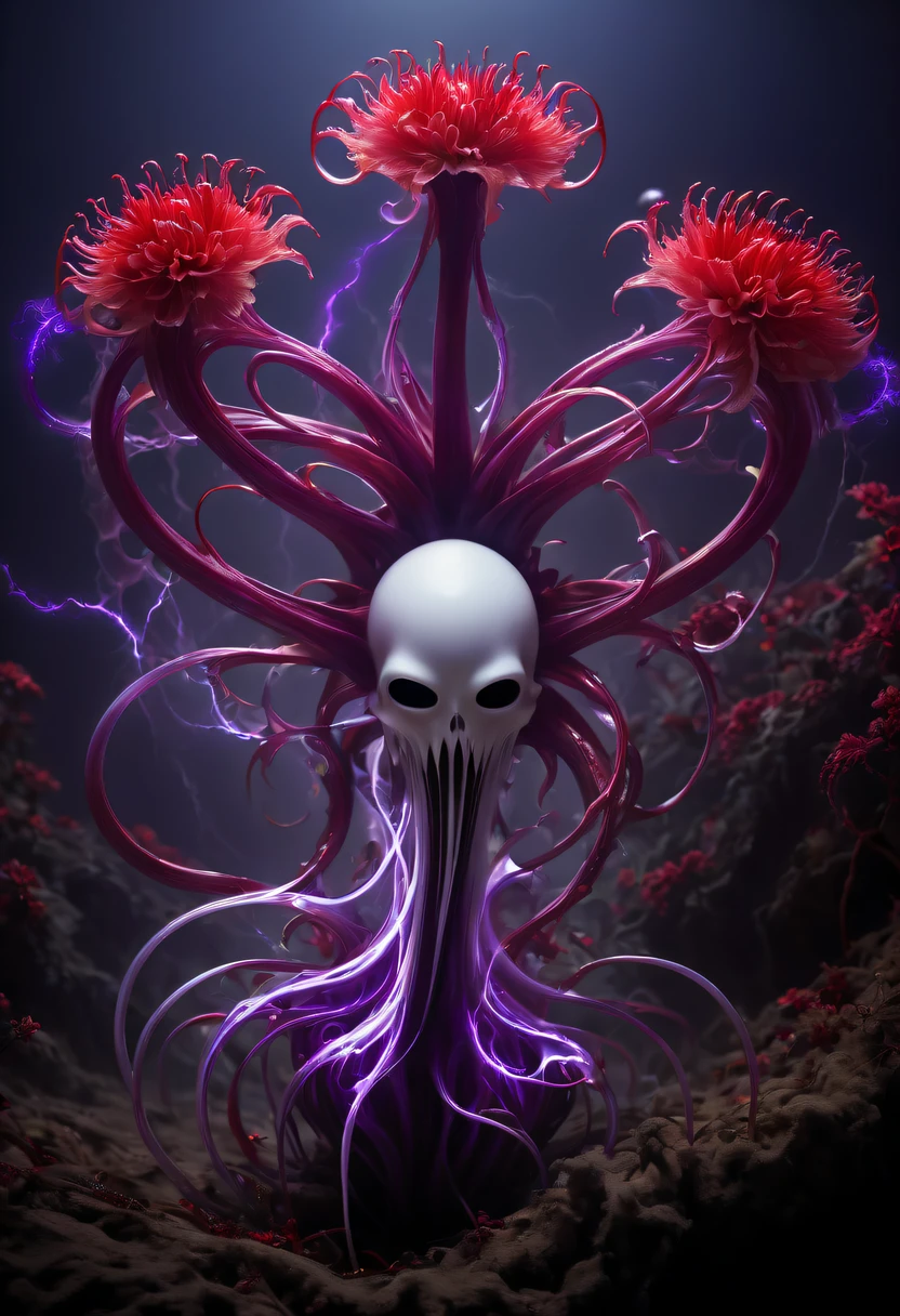 Magical plant from the abyss, the ghost flower, ghost flower,Blood-red tentacles stare at the dead,carismatic,Incredible,terror,Wrapped purple magic lightning, epic magic power, The corolla shines brightly, Electric Power Branch, epic thunderstorm, terror冲击, Surreal, Crazy, Whimsical, Octagonal rendering, iintricate,