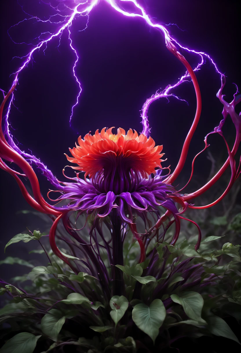 Magical plant from the abyss, the ghost flower, ghost flower,Blood-red tentacles stare at the dead，carismatic，Incredible，terror，Wrapped purple magic lightning, epic magic power, The corolla shines brightly, Electric Power Branch, epic thunderstorm, terror冲击, Surreal, Crazy, Whimsical, Octagonal rendering, iintricate,