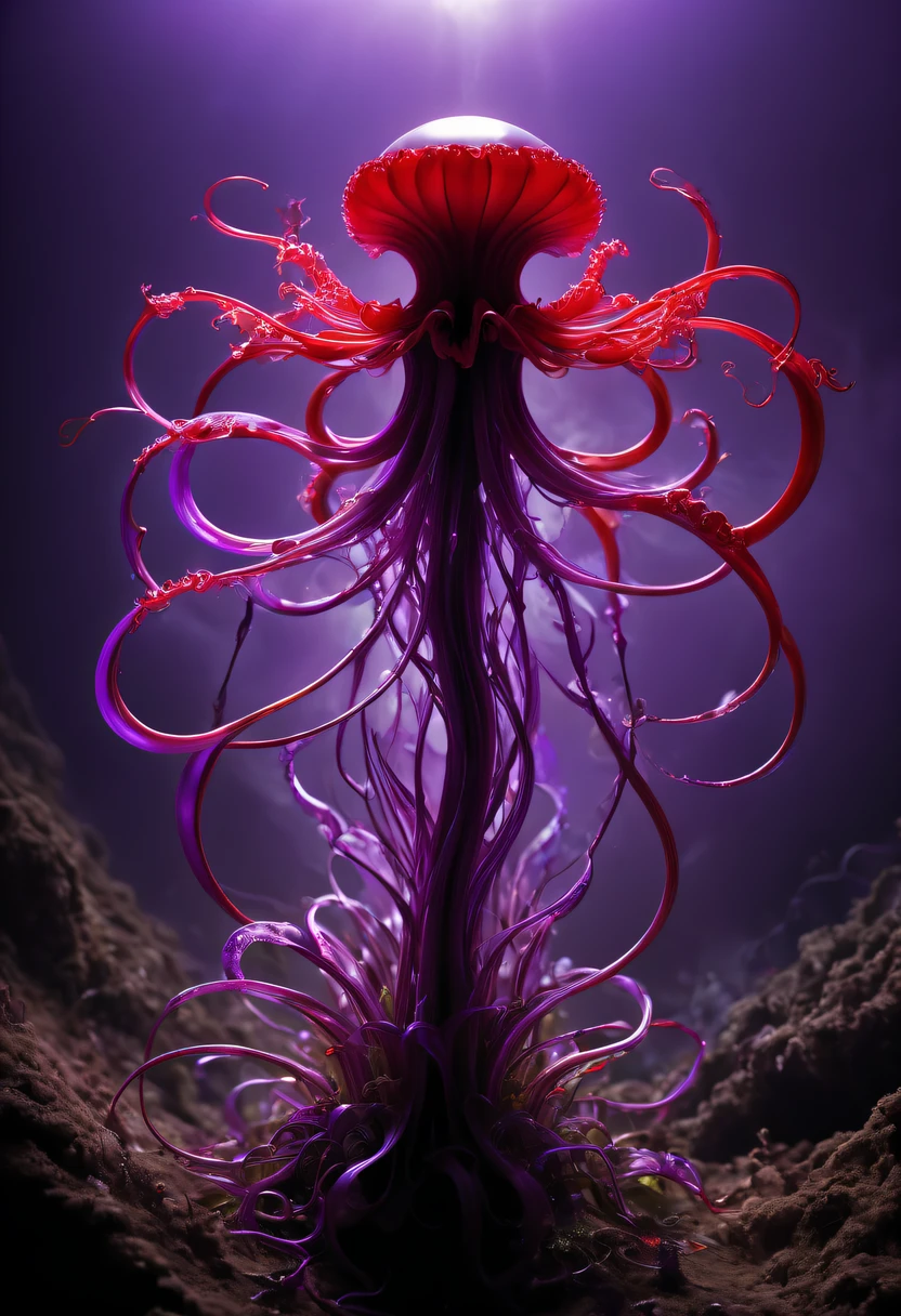 Magical plant from the abyss, the ghost flower, ghost flower,Blood-red tentacles stare at the dead，carismatic，Incredible，terror，Wrapped purple magic lightning, epic magic power, The corolla shines brightly, Electric Power Branch, epic thunderstorm, terror冲击, Surreal, Crazy, Whimsical, Octagonal rendering, iintricate,