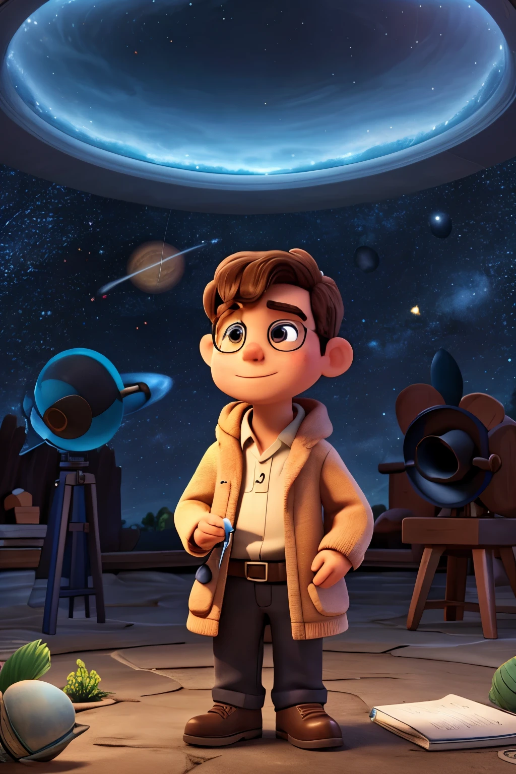 Character looking fascinated at the universe full of stars and galaxies while holding a pen