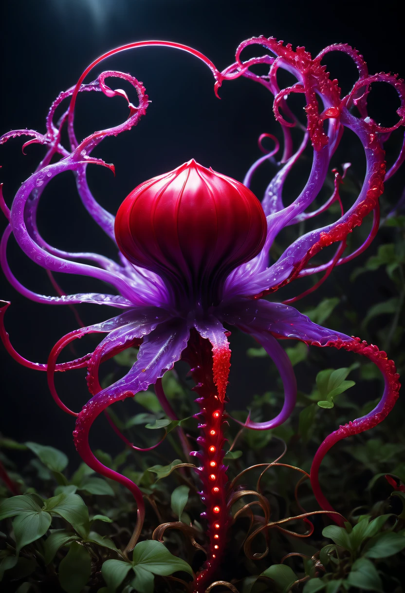 Magical plant from the abyss, the ghost flower, ghost flower,Blood-red tentacles stare at the dead,carismatic,Incredible,terror,Wrapped purple magic lightning, epic magic power, The corolla shines brightly, Electric Power Branch, epic thunderstorm, terror冲击, Surreal, Crazy, Whimsical, Octagonal rendering, iintricate,