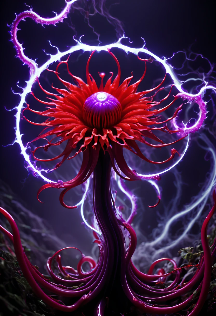 Magical plant from the abyss, the ghost flower, ghost flower,Blood-red tentacles stare at the dead，carismatic，Incredible，terror，Wrapped purple magic lightning, epic magic power, The corolla shines brightly, Electric Power Branch, epic thunderstorm, terror冲击, Surreal, Crazy, Whimsical, Octagonal rendering, iintricate,