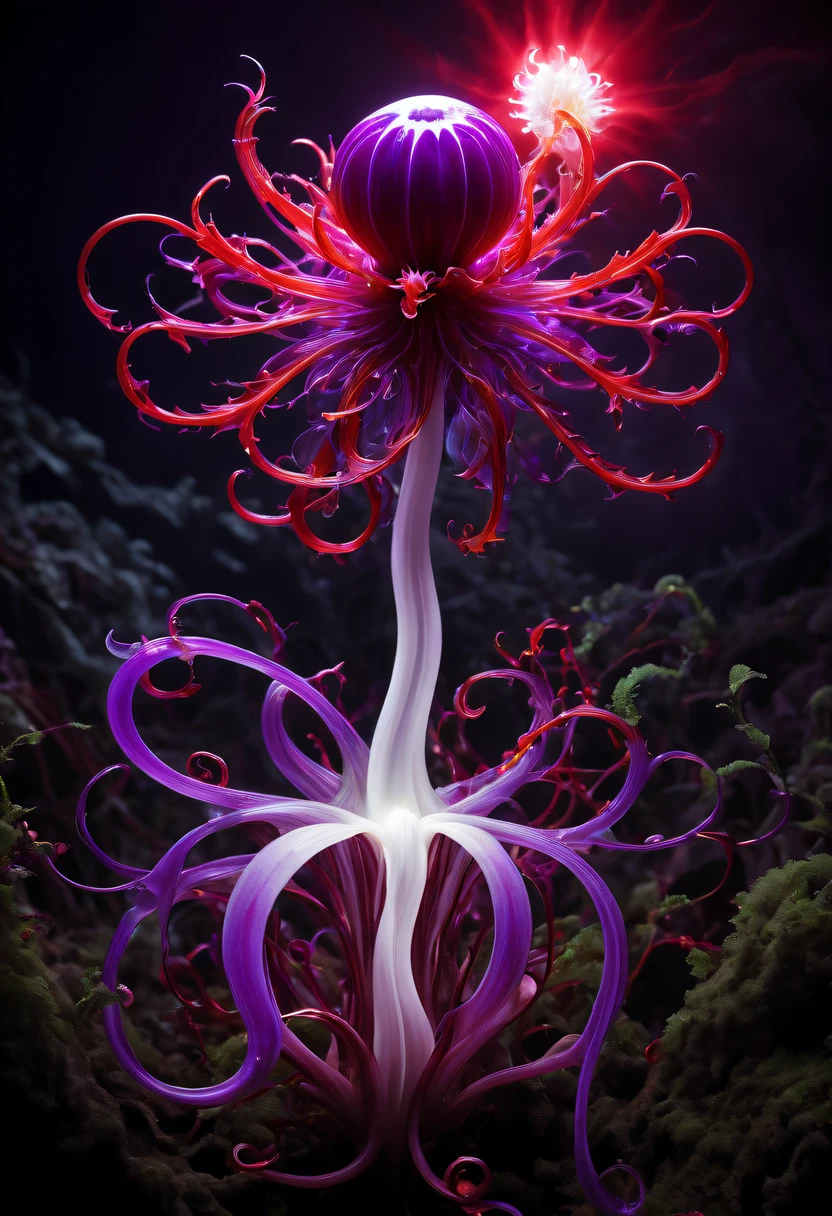 Magical plant from the abyss, the ghost flower, ghost flower,Blood-red tentacles stare at the dead,carismatic,Incredible,terror,Wrapped purple magic lightning, epic magic power, The corolla shines brightly, Electric Power Branch, epic thunderstorm, terror冲击, Surreal, Crazy, Whimsical, Octagonal rendering, iintricate,