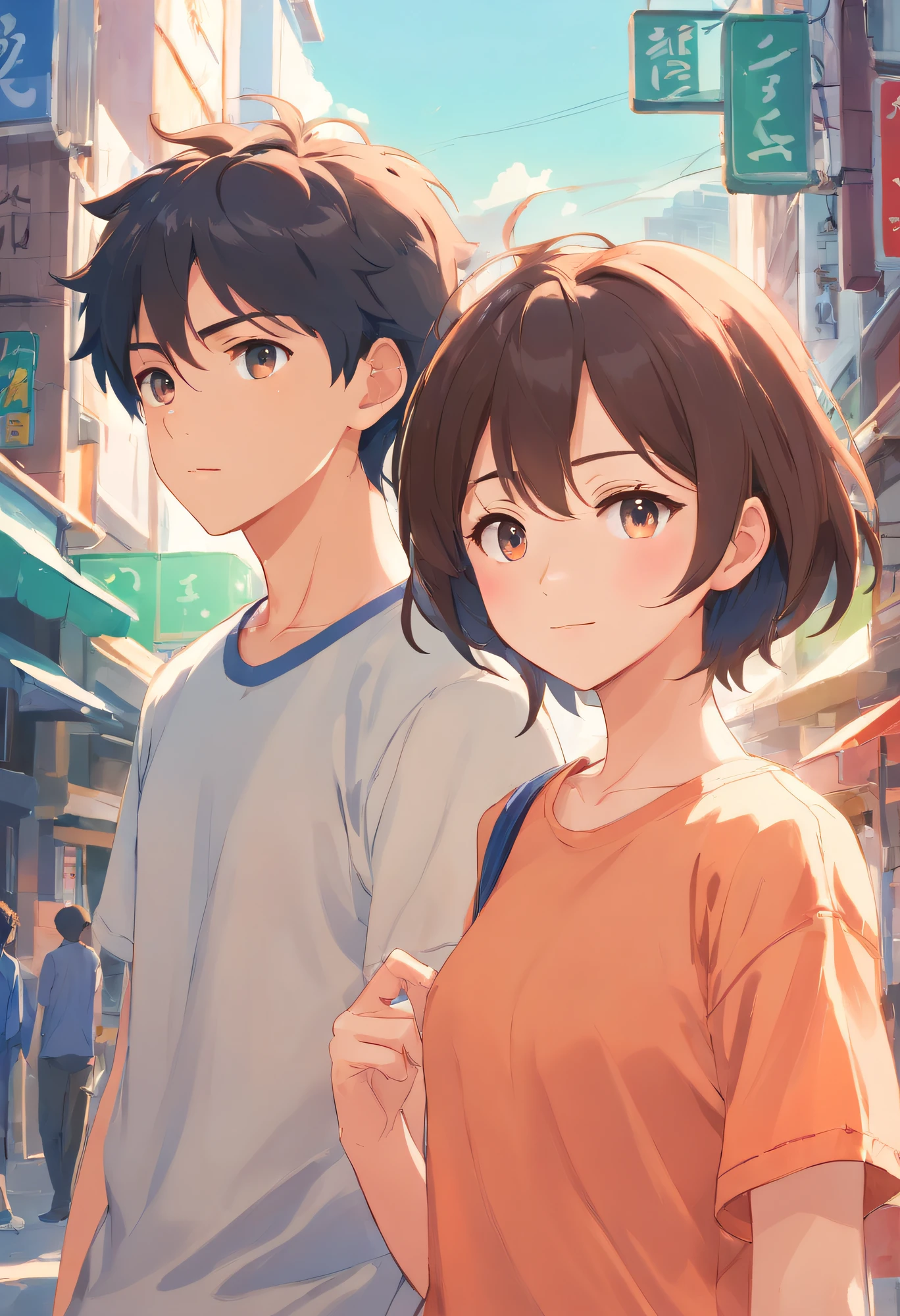 exquisite facial features,The delicate faces of this girl and boy'Girl wearing light orange T-shirt,denim pant,Boy in sneakers. A boy in sneakers wearing a white short-sleeved denim pant looks in front of the full-length mirror.