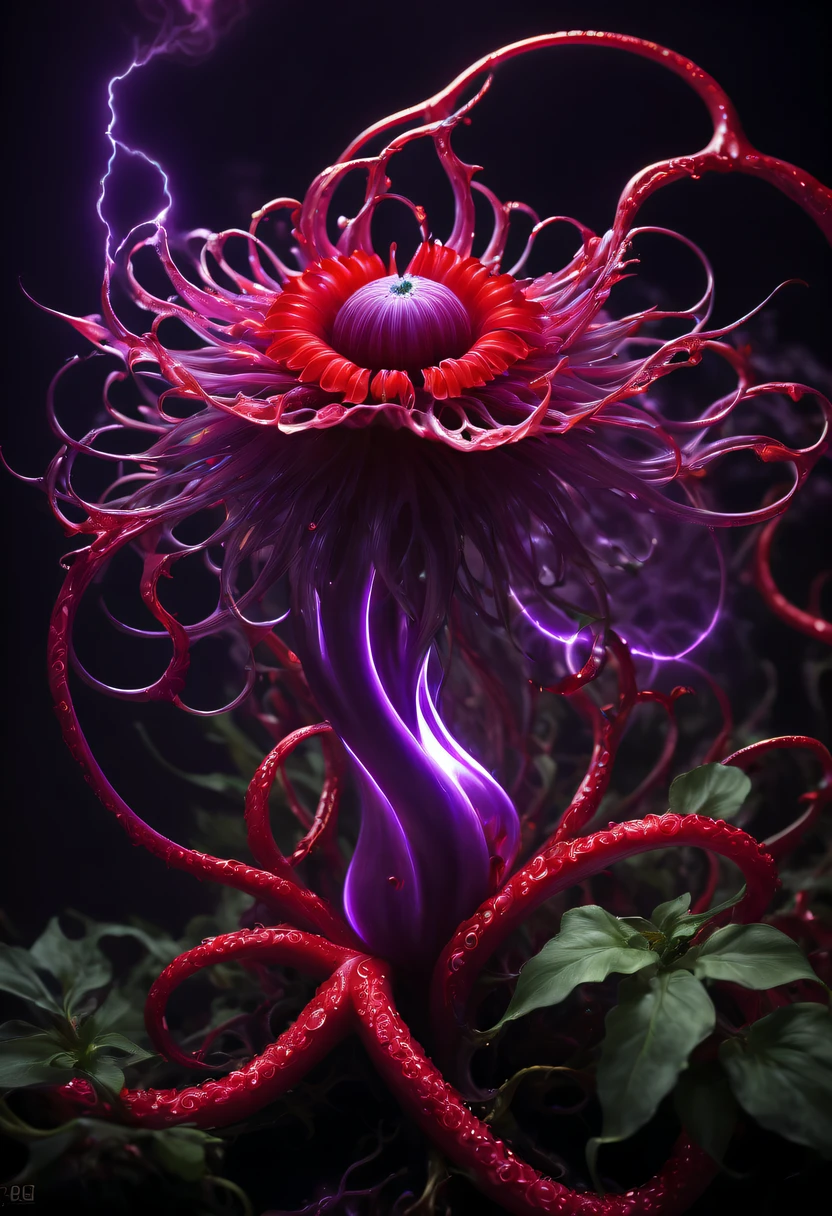 Magical plant from the abyss, the ghost flower, ghost flower,Blood-red tentacles stare at the dead，carismatic，Incredible，terror，Wrapped purple magic lightning, epic magic power, The corolla shines brightly, Electric Power Branch, epic thunderstorm, terror冲击, Surreal, Crazy, Whimsical, Octagonal rendering, iintricate,