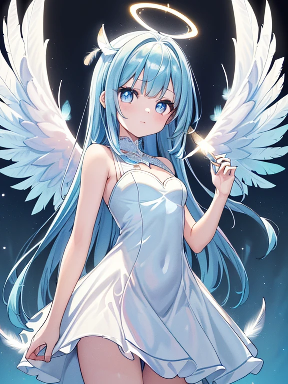 ((masterpiece、top-quality:1.5、a high chroma:1.5、ultra-detailliert、high-resolution illustrations:1.5、Ultra-high-definition CG、8k size wallpaper、offcial art))、,(highly colorful:1.5),(front view:1.5),(1girl),(Cute little girl:1.5)、(Shining seven colors eyes:1.5),(Beautiful face:1.5,Beautiful eyes:1.5)、(close to viewer:1.5),(Shining seven colors eyes:1.5)、(Shining seven colors eyes:1.5)
(clearface:1.3)、(sexy body),(ultra-thin dress:1.5), (Beautiful ultra-thin dress every detail),(a halo shines),(medium breasts:1.5),、(cowboy shot:1.5)、(glowing Feathers:1.5),(glowing angel wings:1.5), colourfull、
