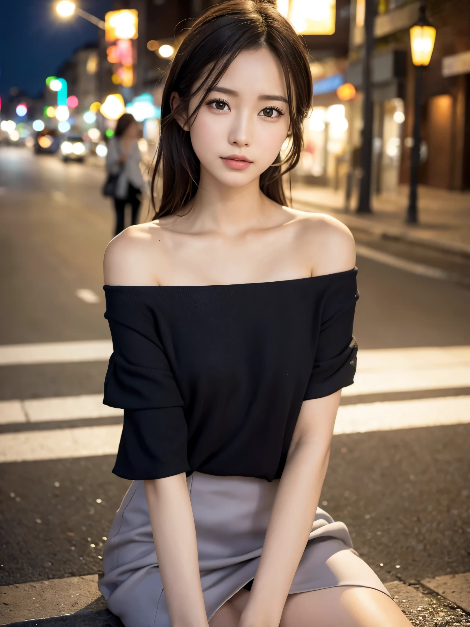 ((top quality, 8k, masterpiece: 1.3, raw photo)), Sharp Focus: 1.2, (1 aespa girl: 1.2), (Realistic, Photorealistic: 1.37), (face focus: 1.1), cute face, small breasts, flat chest, short messy hair, nude, (Off-the-shoulder chiffon dress, business skirt: 1.2), Beautiful Woman sitting Under Street Lamp Light, cinematic lighting, (thigh: 1.2)