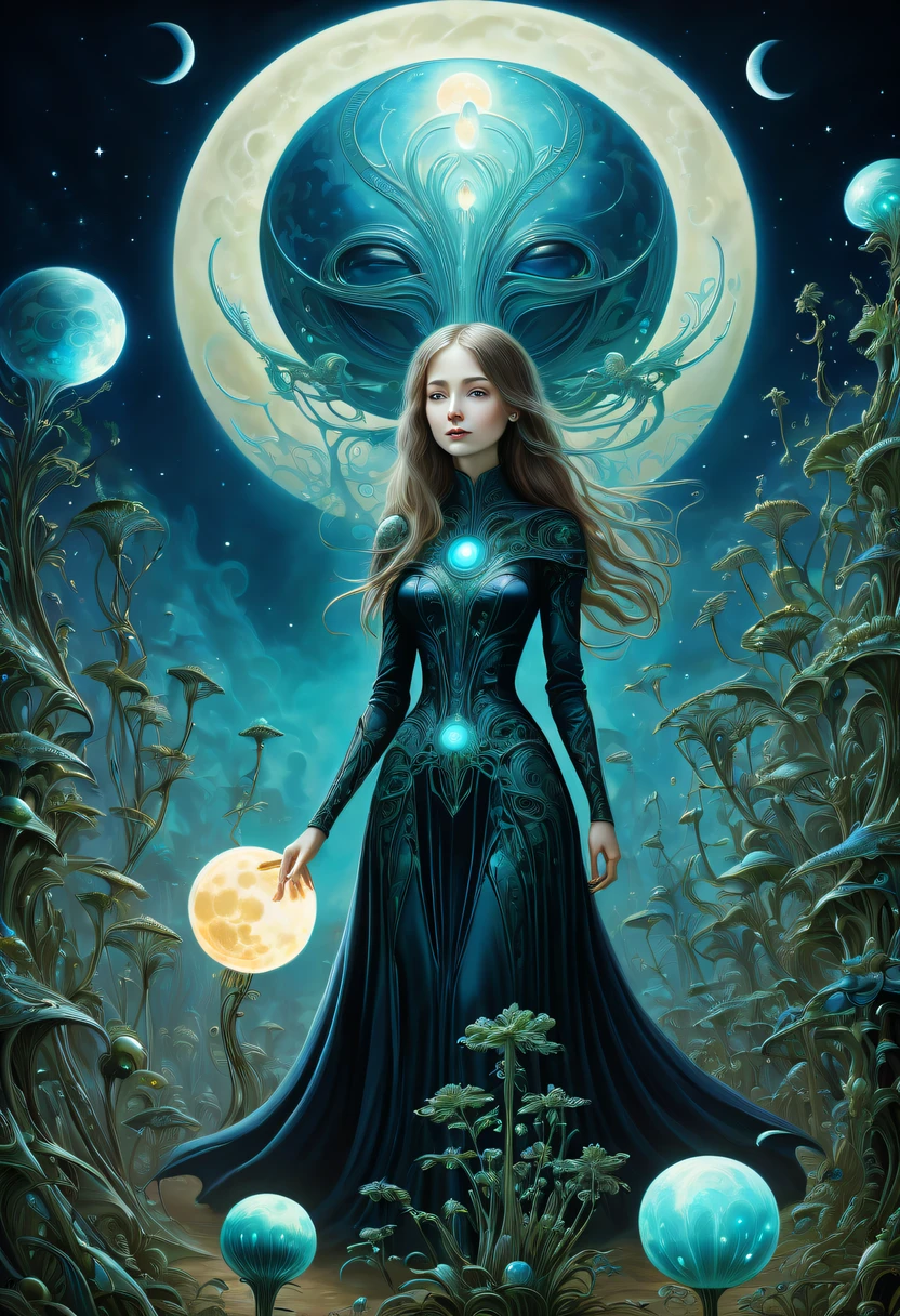 Images of a fascinated witch encountering alien life forms, Illumination of bioluminescent plants, The content is very detailed, hyper realisitc, 10k high resolution, Gouache style, scribble art, Glaslorne, Influenced by Art Nouveau, Given, and future, The Art of Lunar Encryption Wow,