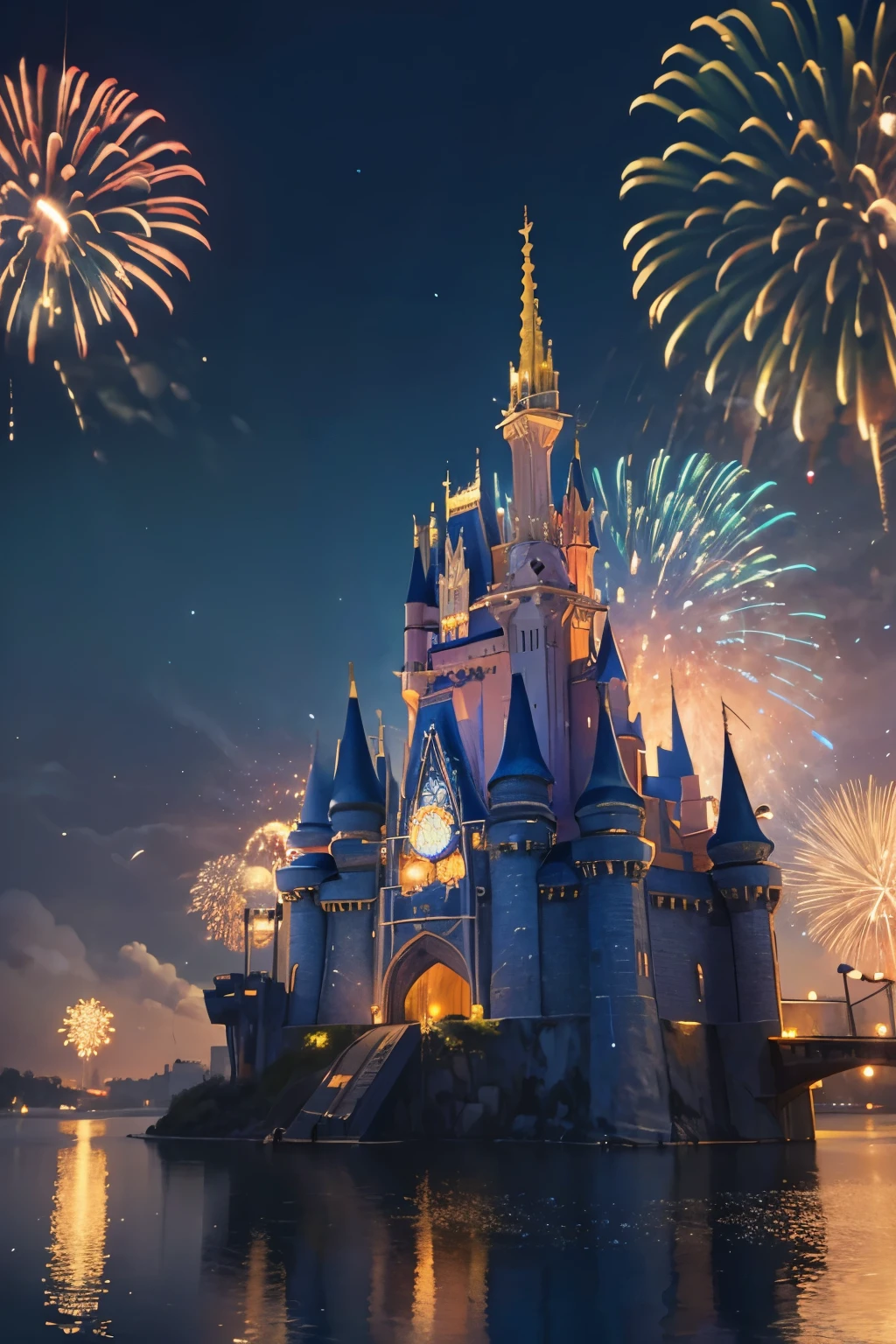 3D,Disney Castle,中景 the scene is,A magnificent firework display,Lots of fireworks blooming,romanticized landscapes,tmasterpiece,Best quality at best,high high quality,high end,super-fine
