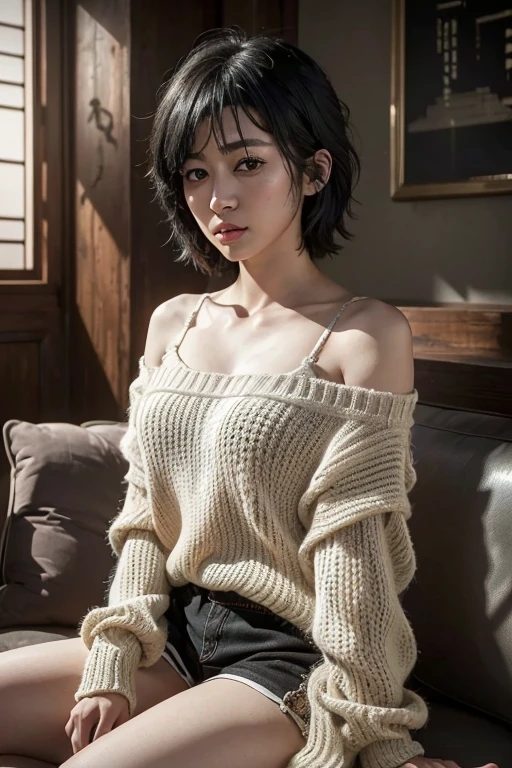 { Portrait, RAW photo, } { beautiful, masterpiece, best quality, extremely detailed face, perfect lighting, Best Quality, (ultra-detailed) } { japaness woman, alone, 28-years-old, } {black hair, short hair, messy hair, parted lips, } { drunk } {lying on sofa, shorts, oversize Knitted Sweaters}