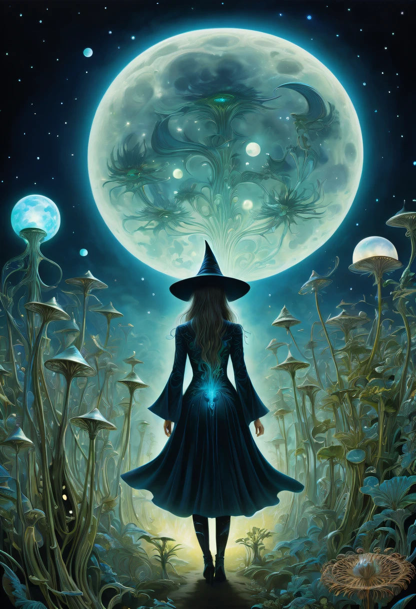 Images of a fascinated witch encountering alien life forms, Illumination of bioluminescent plants, The content is very detailed, hyper realisitc, 10k high resolution, Gouache style, scribble art, Glaslorne, Influenced by Art Nouveau, Given, and future, The Art of Lunar Encryption Wow,