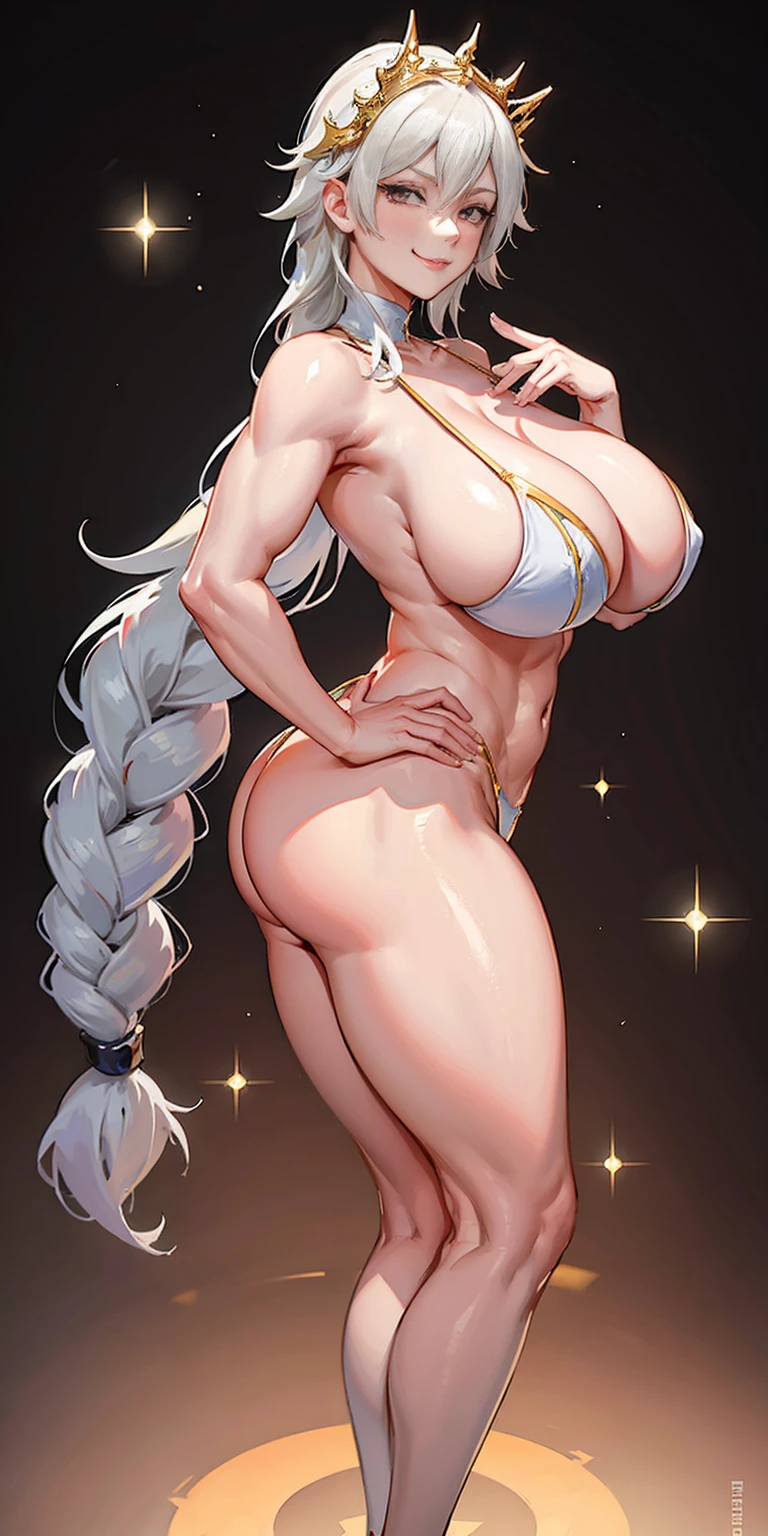 (tmasterpiece, hiquality: 1.1) 1girl full body standing, nice ass, hairstyle with a braid, white colored hair, golden eyes, perfect lighting, muscular, thights, mature woman, mummy, bellybutton, abs, looks at the viewer, smirking smile, extremely huge breasts, Maternal, porcelain skin, extra very long hair, sparkly skin, good face, chest cover, hands behind body